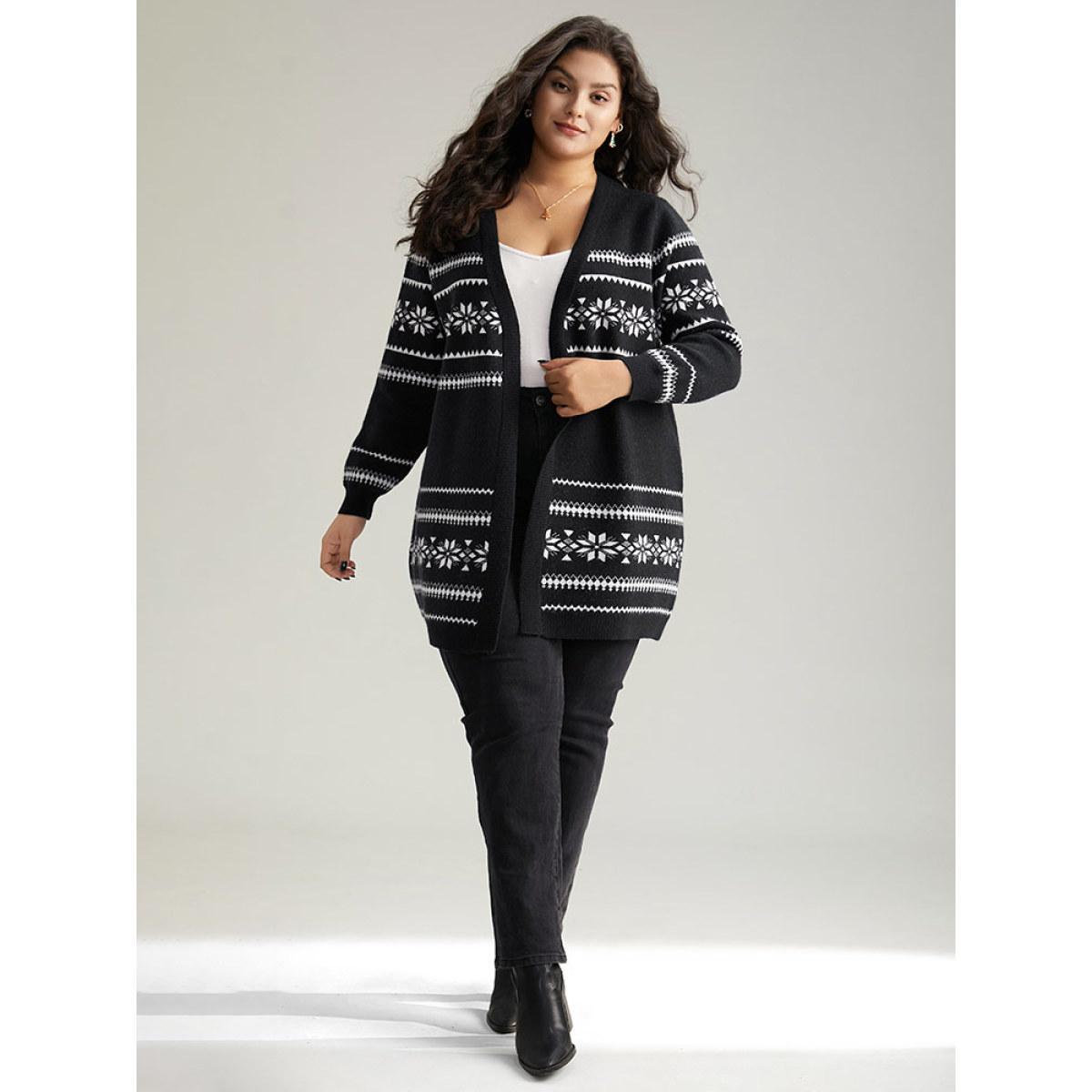 Plus Size Anti-Pilling Bandana Print Elastic Cuffs Cardigan Black Women Casual Loose Long Sleeve Festival-Christmas Cardigans BloomChic 10/M Product Image