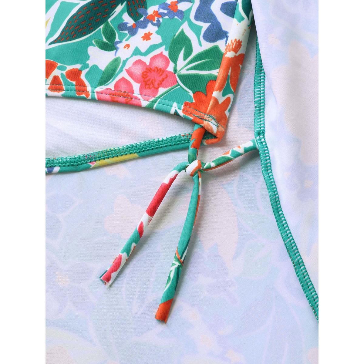 Plus Size Anti-Float Tie Ruffled Floral Swim Dress Women's Swimwear Malachitegreen Beach Bodycon Overlap Collar High stretch Curve Swim Dresses BloomChic 10/M Product Image