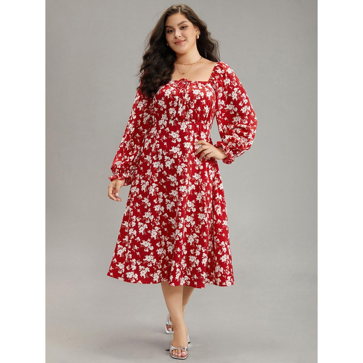 Plus Size Silhouette Floral Print Ties Lantern Sleeve Dress Crimson Women Elegant Gathered Square Neck Long Sleeve Curvy Midi Dress BloomChic 14-16/1X Product Image