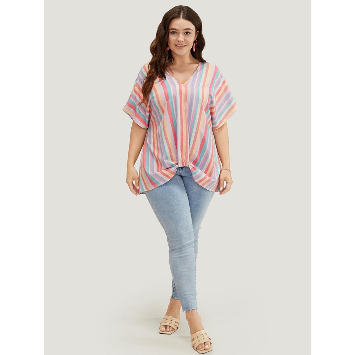 Plus Size Multicolor Rainbow Striped Batwing Sleeve Contrast Asymmetrical Hem Blouse Women Vacation Short sleeve V-neck Dailywear Blouses BloomChic 22-24/3X Product Image