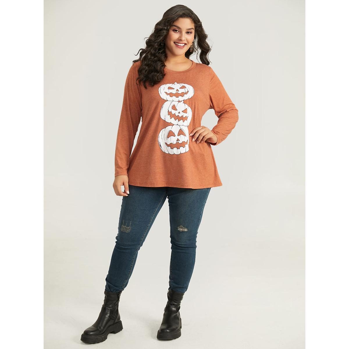 Plus Size Halloween Three Pumpkin Print Crew Neck T-shirt Chocolate Women Casual Printed Halloween Festival-Halloween T-shirts BloomChic 18-20/2X Product Image