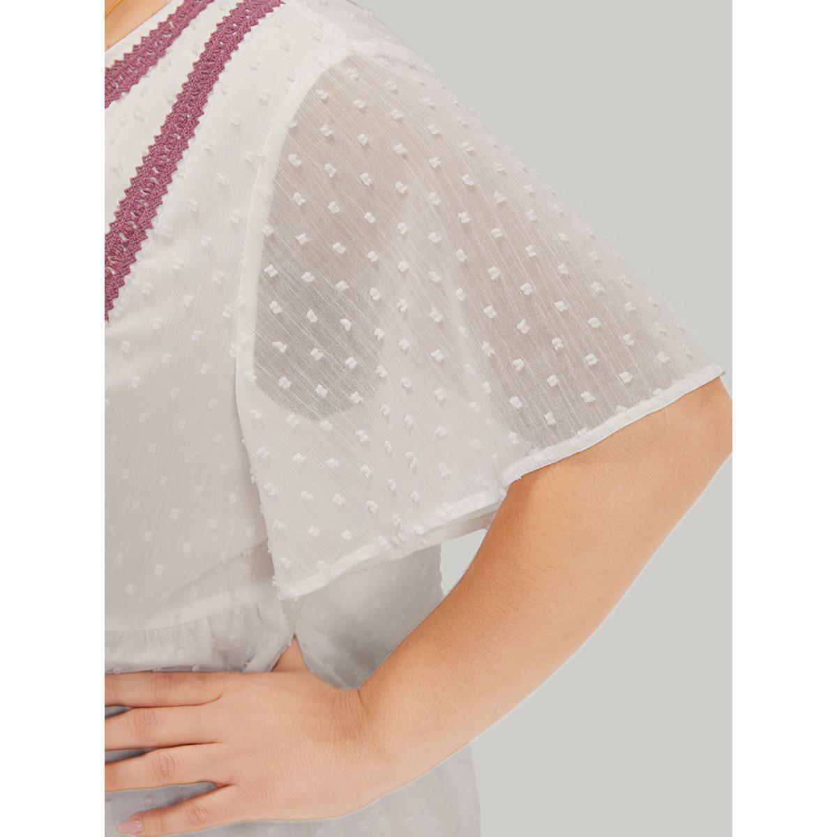 Plus Size White Polka Dot Tassels Ties Mesh Patchwork Contrast Blouse Women Vacation Short sleeve V-neck Dailywear Blouses BloomChic 30/6X Product Image