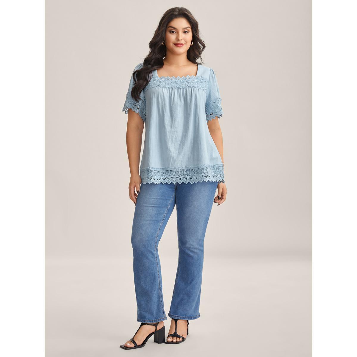 Plus Size LightBlue Lace Trim Spliced Solid Blouse Women Short sleeve Square Neck Everyday-Elegant Blouses BloomChic 14-16/1X Product Image