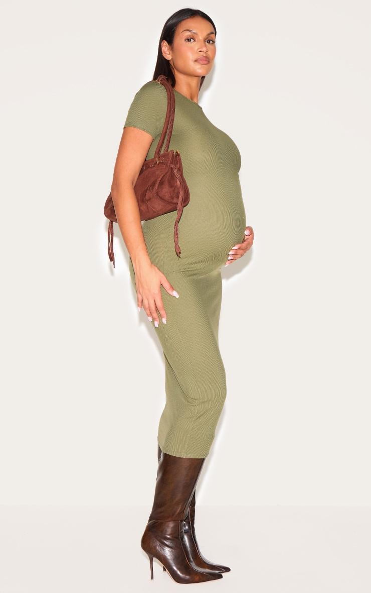 Maternity Khaki Ribbed Crew Neck Midi Dress Product Image