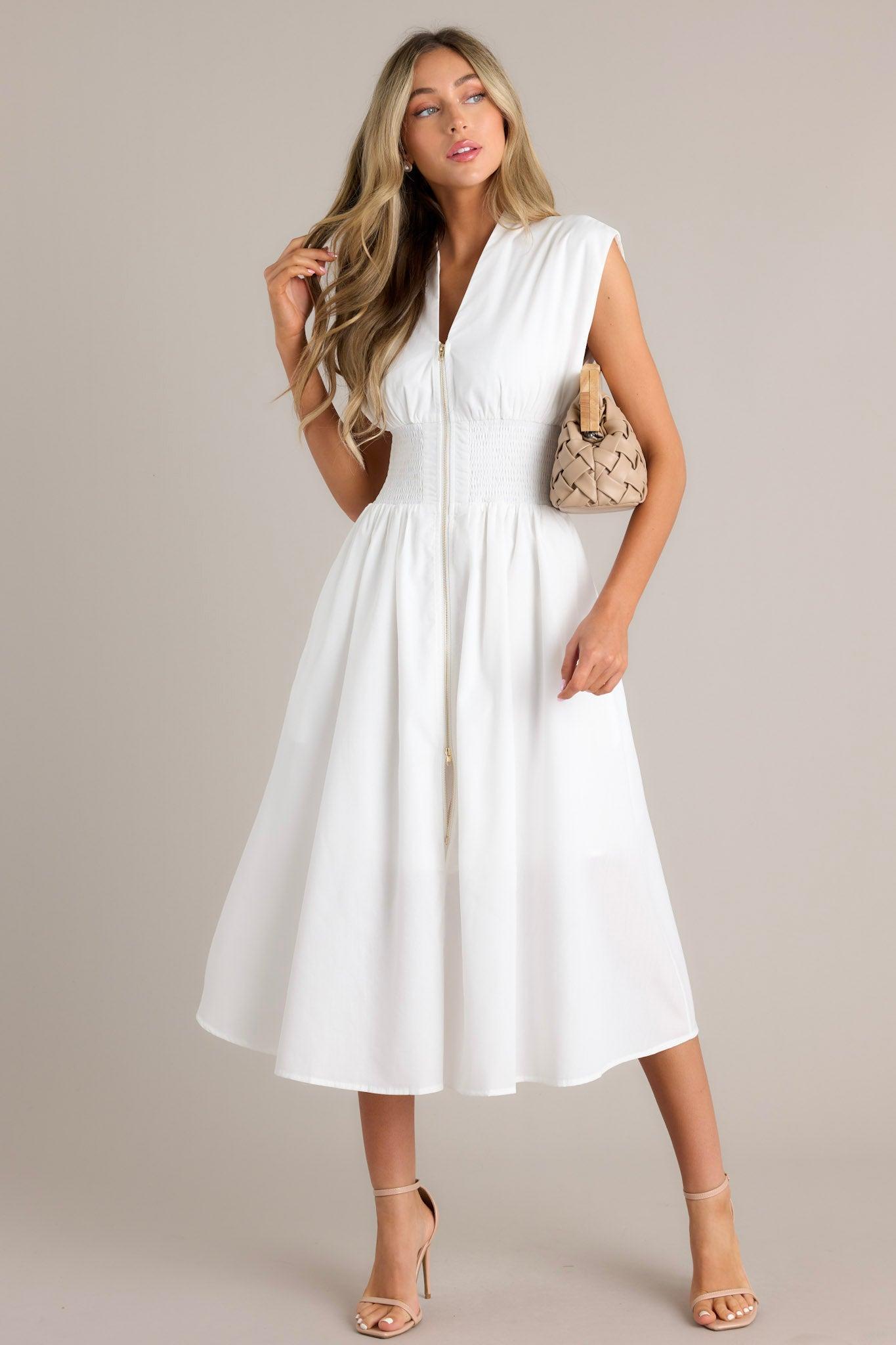 The Evette White Zip Front Midi Dress Product Image