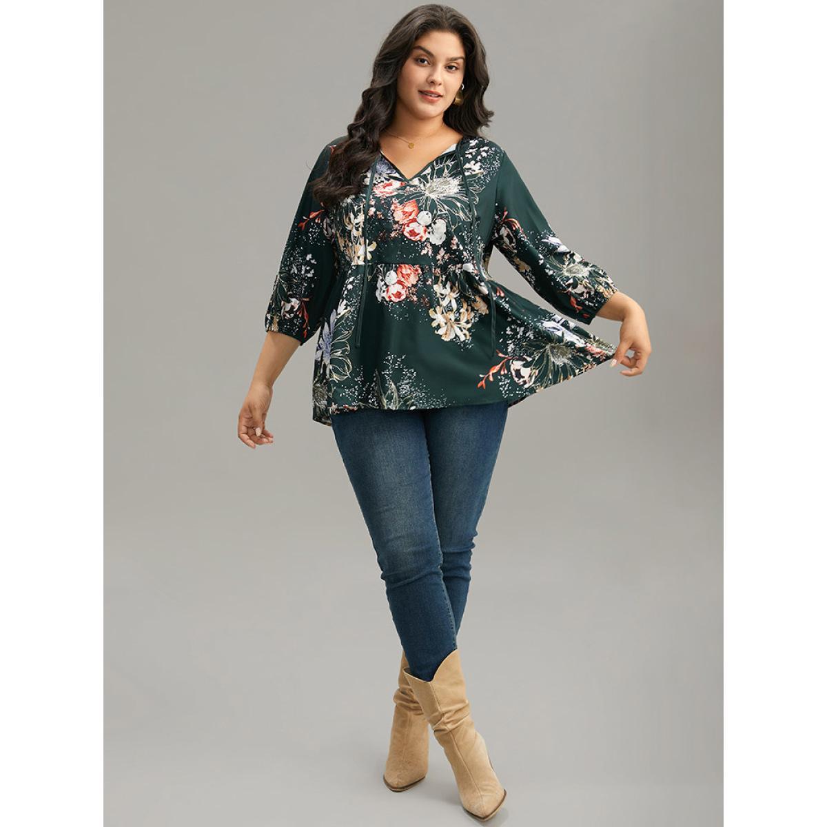 Plus Size DarkGreen Floral Print Knot Neck Pompom Trim Gathered Blouse Women Elegant Elbow-length sleeve Tie Neck Everyday Blouses BloomChic 18-20/2X Product Image