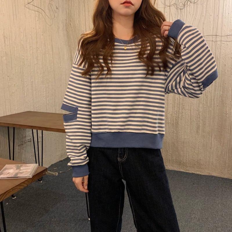 Crewneck Striped Cutout Pullover Product Image