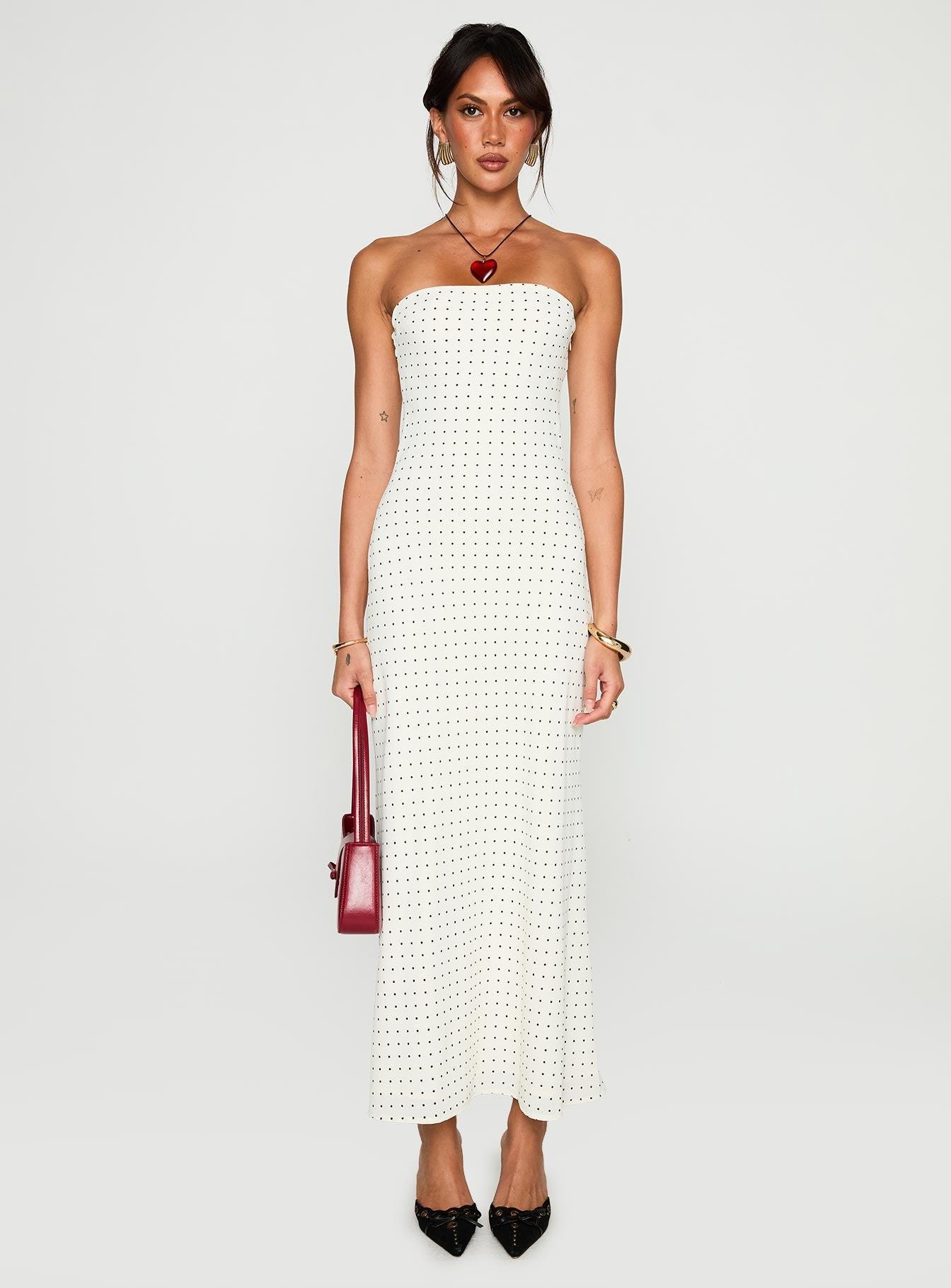 Just For Fun Strapless Maxi Dress White Polka Dot Product Image