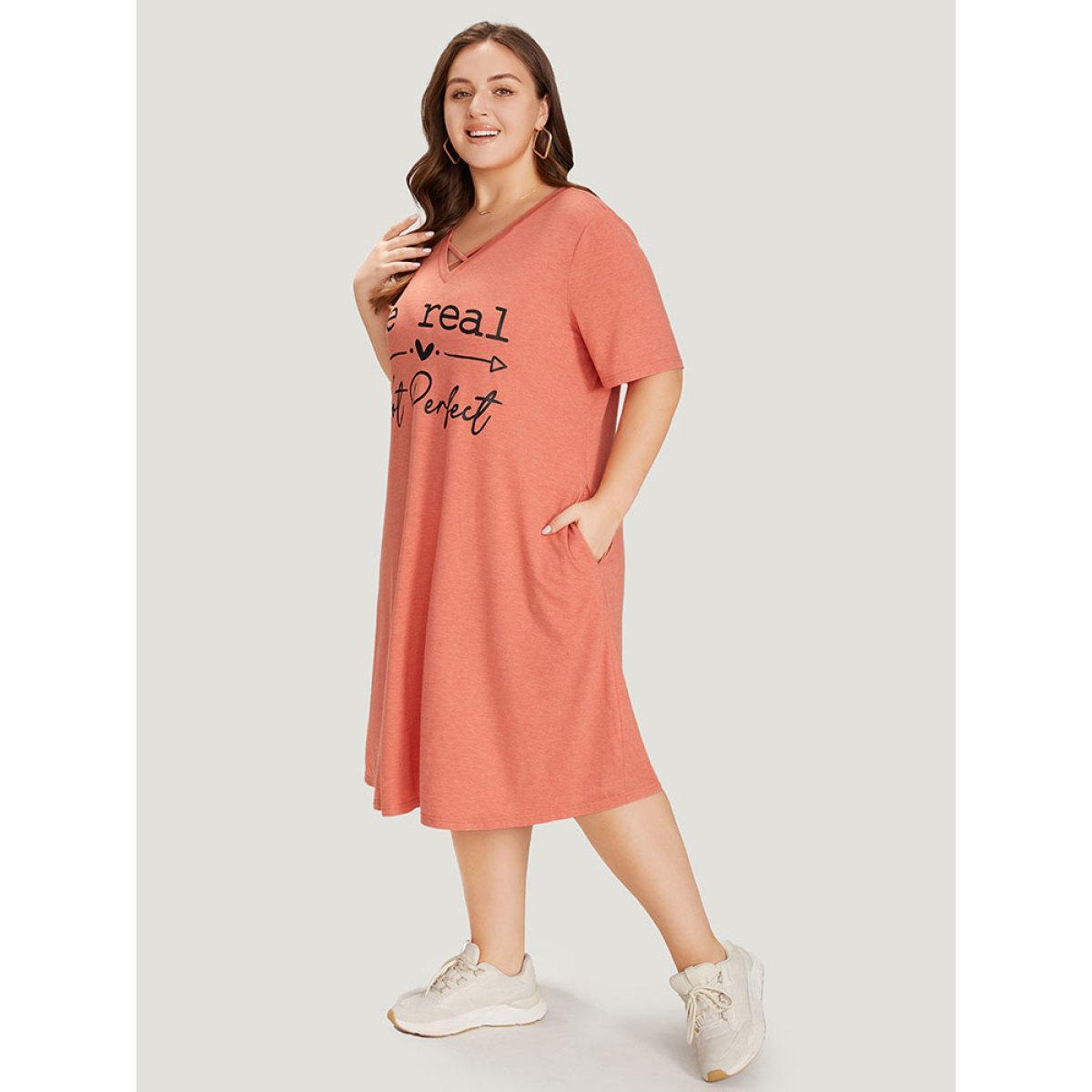 Plus Size Supersoft Essentials Letter Print Pocket Crisscross Neck Dress Coral Women Casual Plain Curvy Midi Dress BloomChic 30/6X Product Image