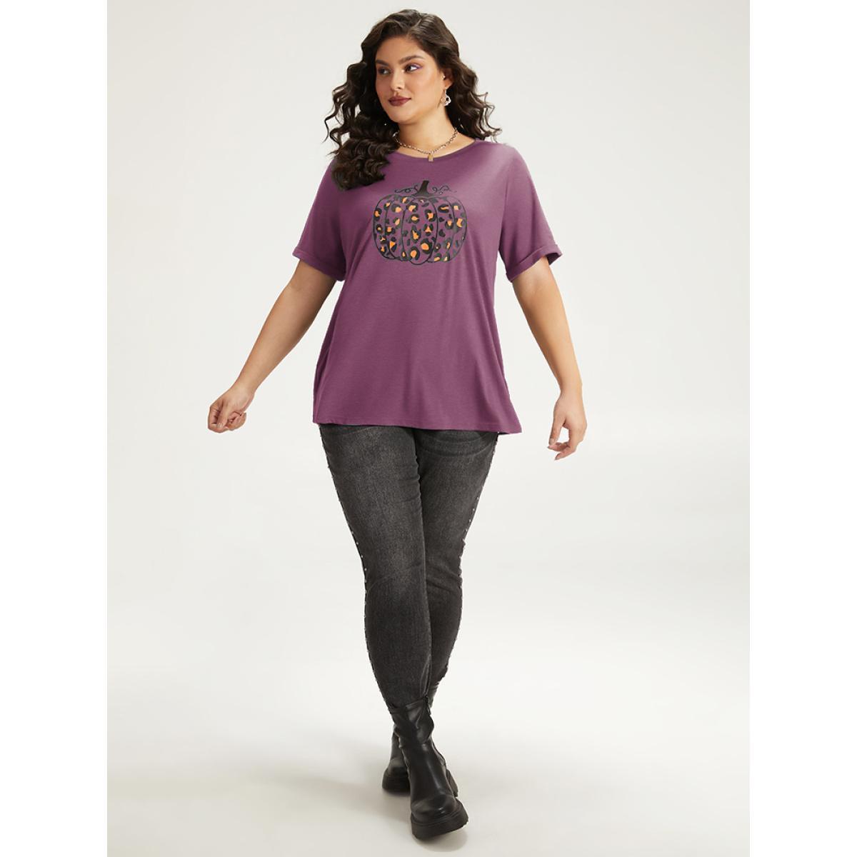 Plus Size Halloween Pumpkin Print Crew Neck T-shirt DustyPink Women Casual Printed Halloween Dailywear T-shirts BloomChic 26/4X Product Image