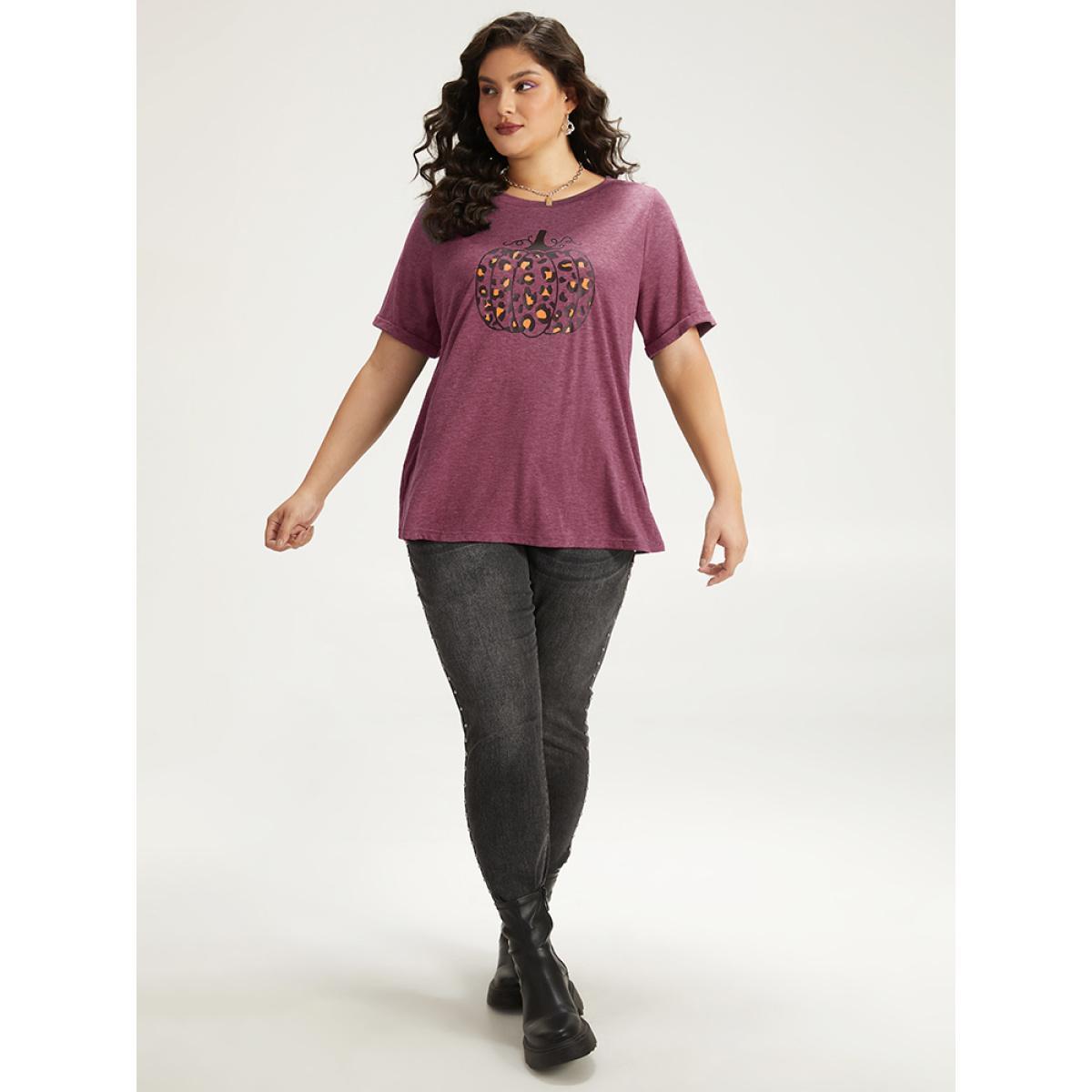 Plus Size Halloween Pumpkin Print Crew Neck T-shirt Red Women Casual Printed Halloween Dailywear T-shirts BloomChic 18-20/2X Product Image