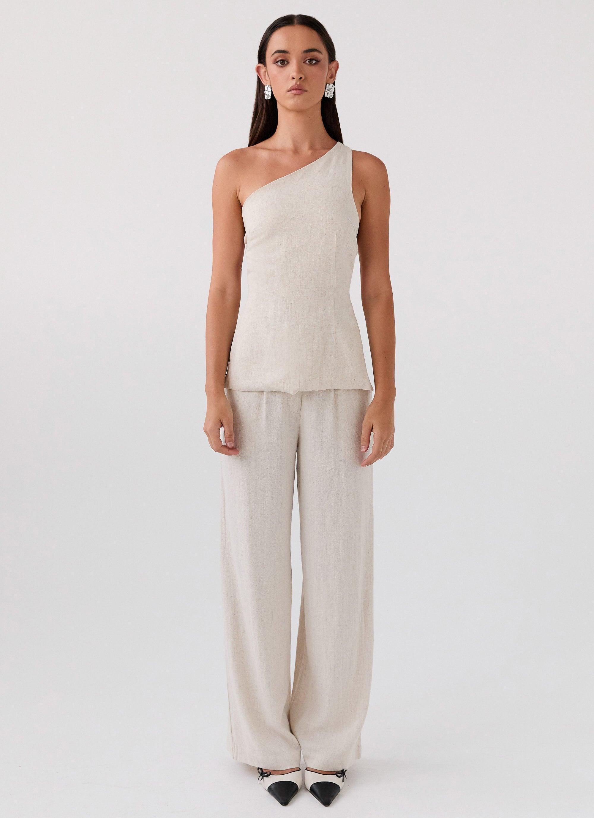 Olsen Linen One Shoulder Top - Oatmeal Product Image