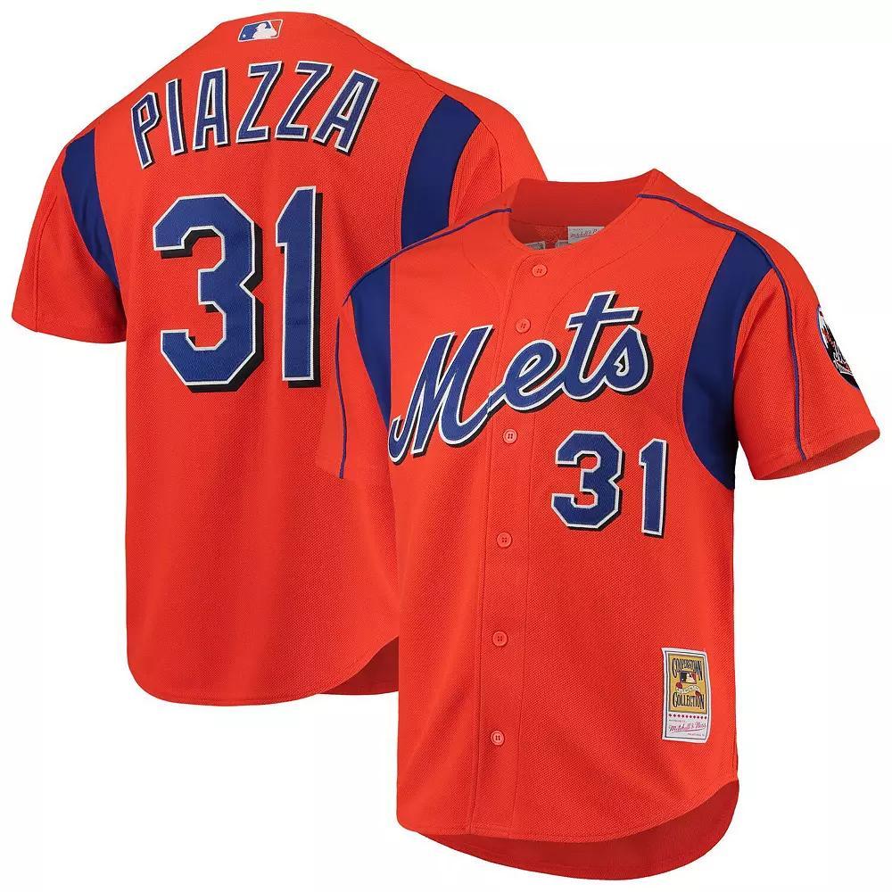 Men's Mitchell & Ness Mike Piazza Orange New York Mets Cooperstown Collection Mesh Batting Practice Button-Up Jersey, Size: Large Product Image