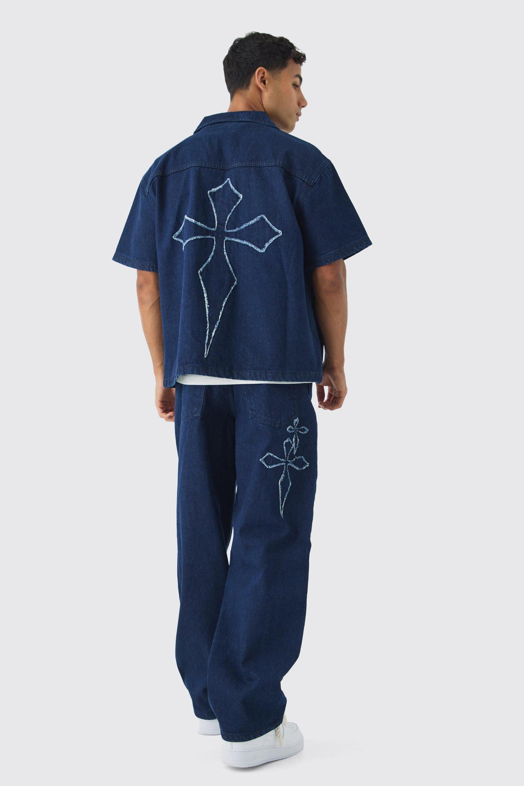 Baggy Fit Raw Edge Denim Cross Applique Jeans | boohooMAN USA Product Image