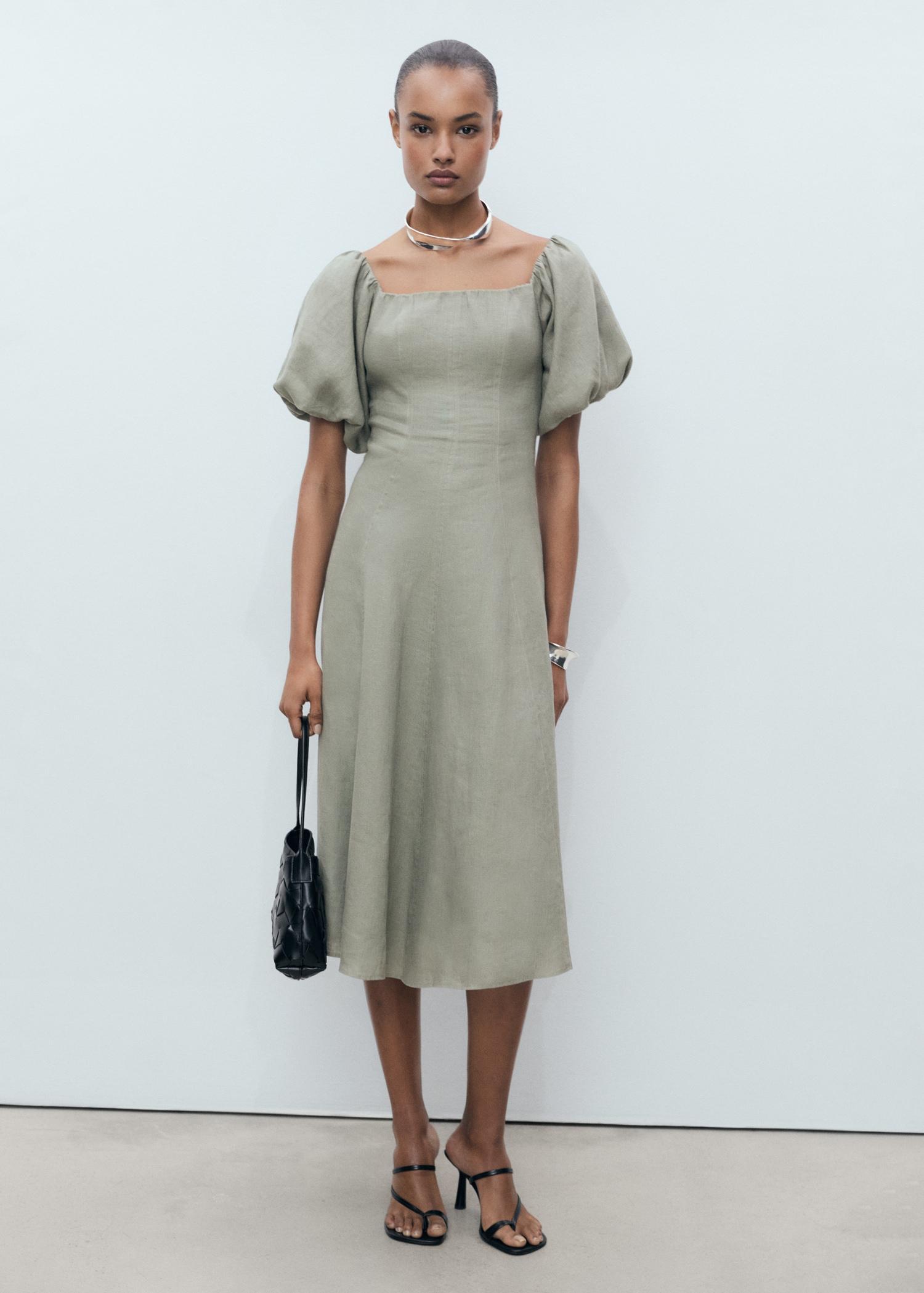 Puffed-sleeve linen dress - Women | MANGO USA Product Image