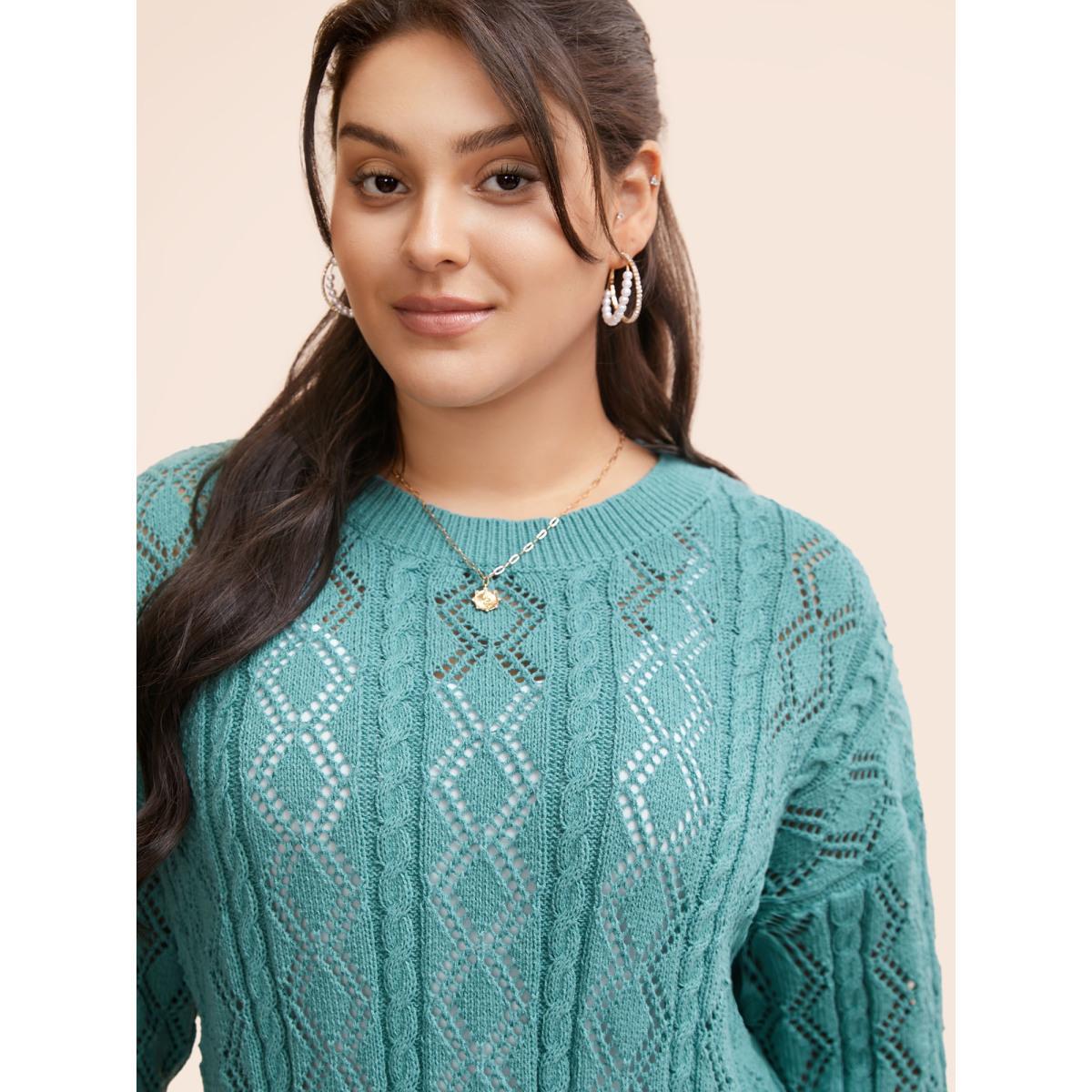 Plus Size Texture Cut Out Drop Shoulder Pullover Teal Women Casual Loose Three Quater Length Sleeve Round Neck Everyday Pullovers BloomChic 18-20/2X Product Image