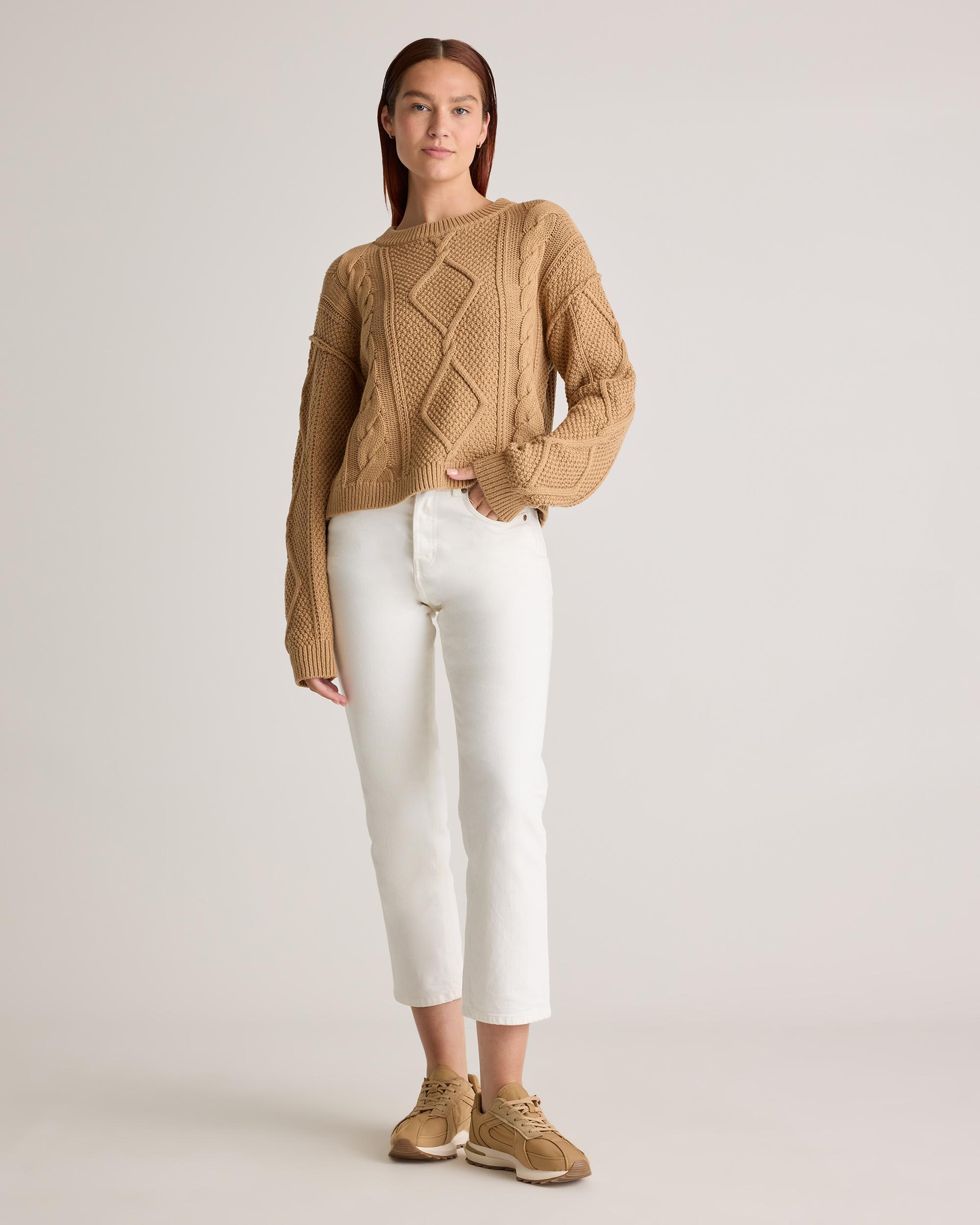 Quince | Women's Cropped Cable Crew Sweater Size XS, Organic Cotton Product Image