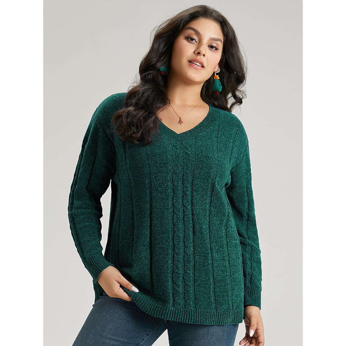 Plus Size Christmas Plain Cable Knit V Neck Pullover Emerald Women Casual Loose Long Sleeve V-neck Festival-Christmas Pullovers BloomChic 14-16/1X Product Image