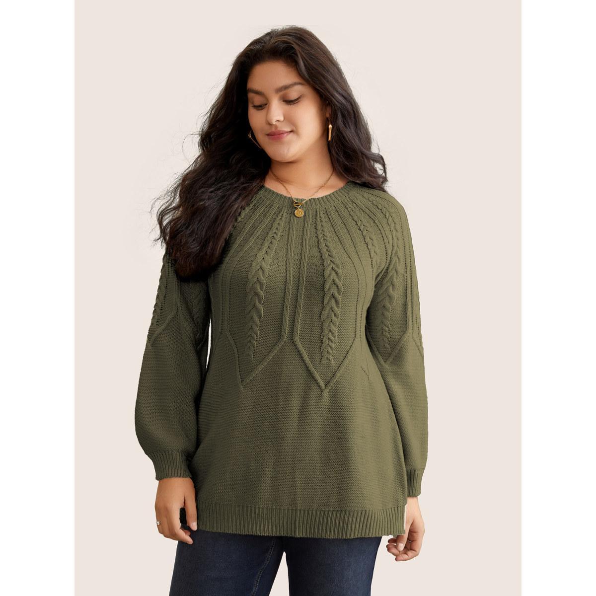 Plus Size Solid Textured Lantern Sleeve Pullover ArmyGreen Women Basics Long Sleeve Round Neck Everyday Pullovers BloomChic 18-20/2X Product Image