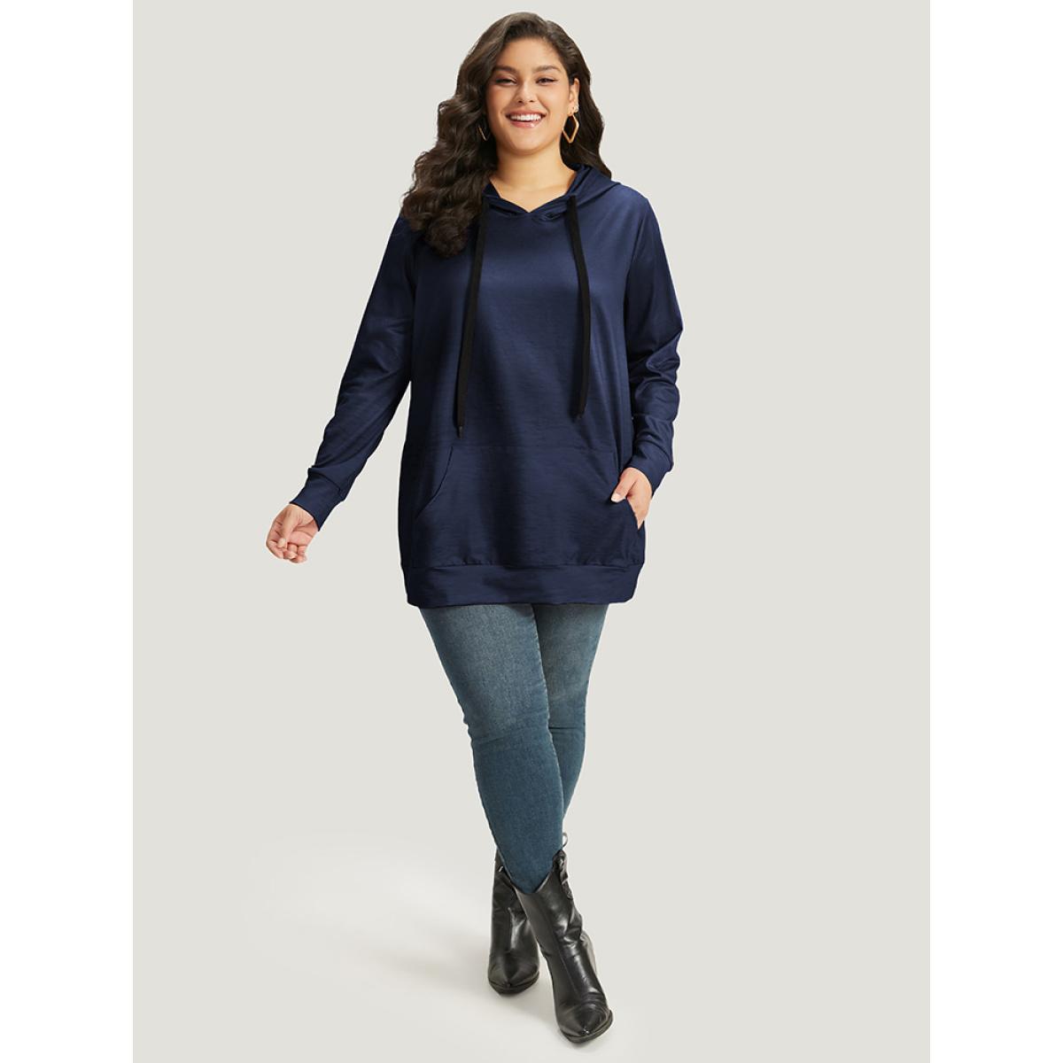 Plus Size Ombre Pocket Drawstring Hooded Sweatshirt Women DarkBlue Casual Elastic cuffs Hooded Everyday Sweatshirts BloomChic 22-24/3X Product Image
