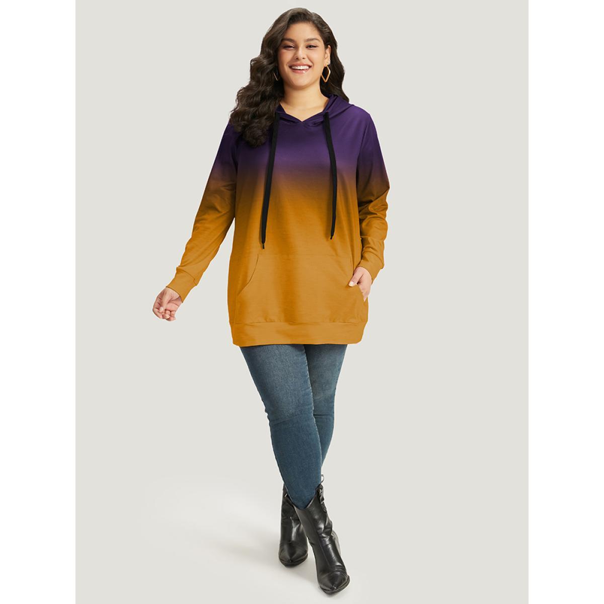 Plus Size Ombre Pocket Drawstring Hooded Sweatshirt Women Blackcurrant Casual Elastic cuffs Hooded Everyday Sweatshirts BloomChic 12/L Product Image