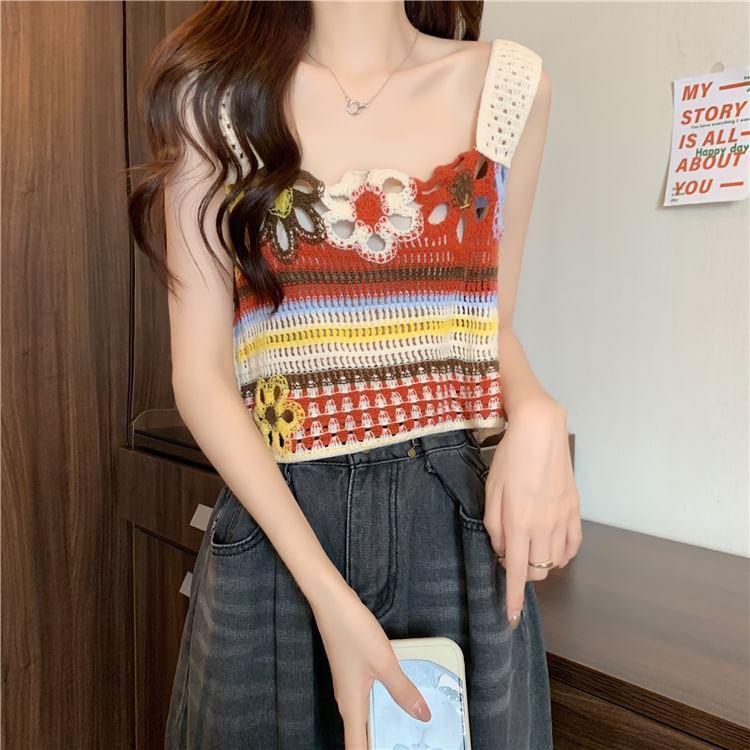 Striped Flower Embroidered Crochet Knit Crop Tank Top Product Image