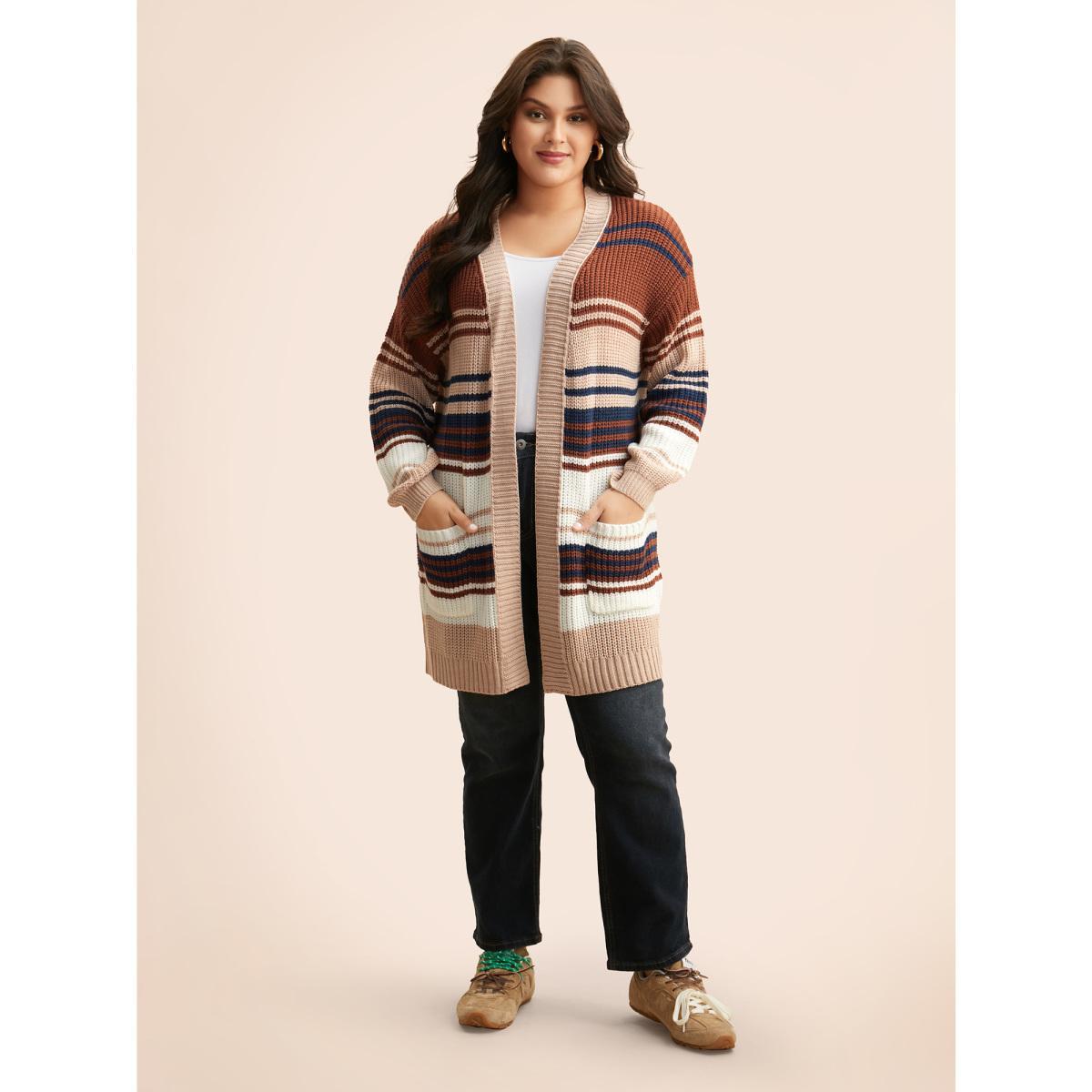 Plus Size Contrast Striped Pocket Drop Shoulder Cardigan Browncoffeecolor Women Casual Loose Long Sleeve Everyday Cardigans BloomChic 12/L Product Image