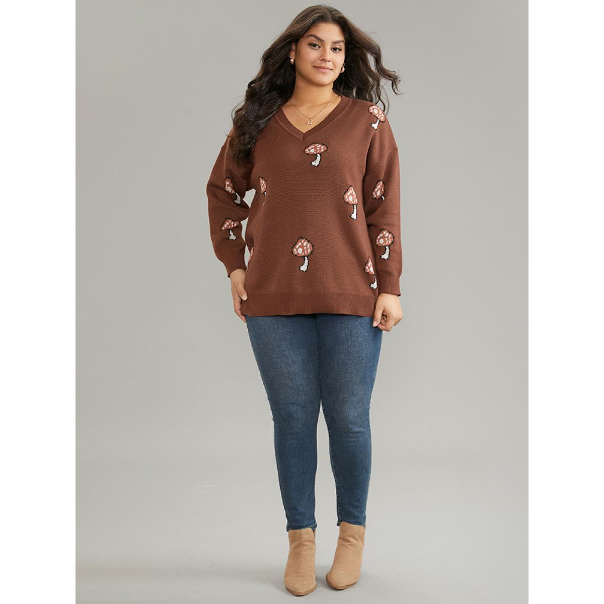 Plus Size Mushroom Knit V Neck Jacquard Pullover Maroon Women Casual Loose Long Sleeve V-neck Dailywear Pullovers BloomChic 30/6X Product Image