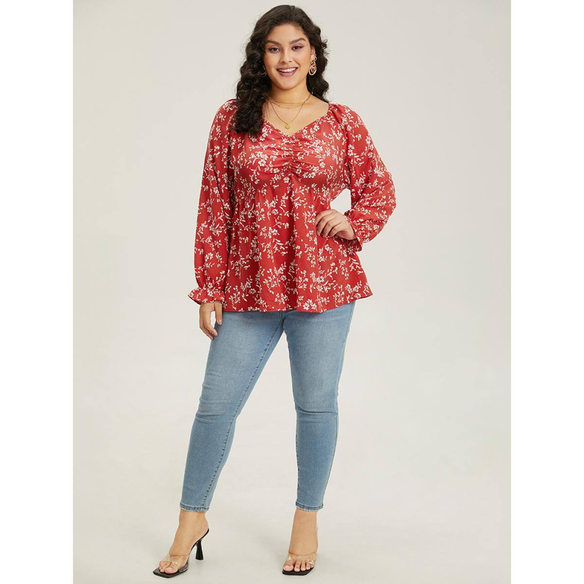 Plus Size Rust Floral Print Ruched Lantern Sleeve Blouse Women Elegant Long Sleeve V-neck Dailywear Blouses BloomChic 18-20/2X Product Image