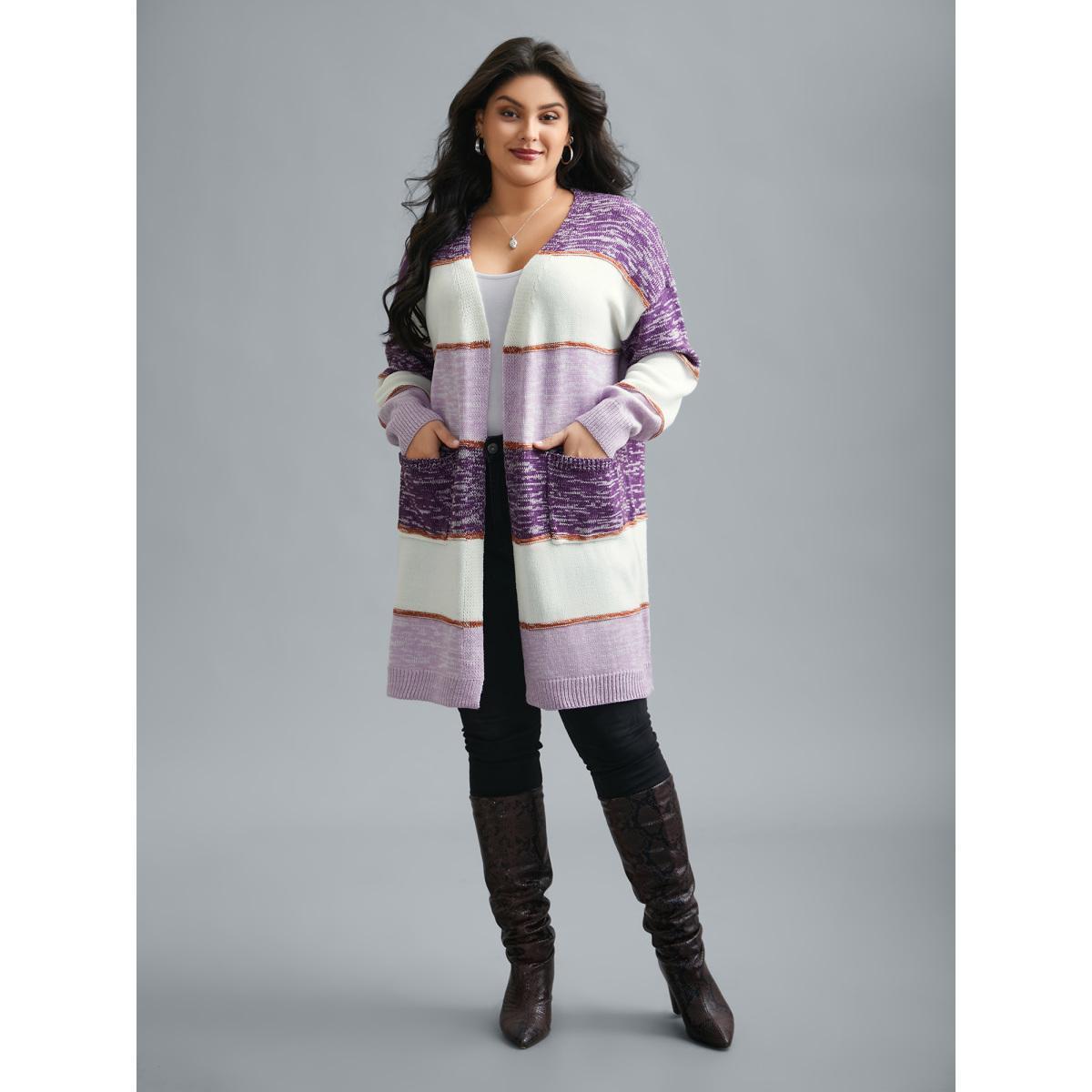 Plus Size Color Block Textured Open-Front Cardigan Deeppurple Women Casual Loose Long Sleeve Everyday Cardigans BloomChic 10/M Product Image