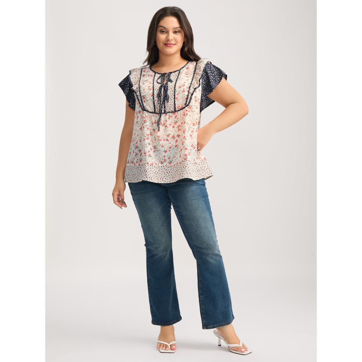 Plus Size Multicolor Floral Panel Ruffled Sleeve Blouse Women Cap Sleeve Notched collar Everyday-Elegant Blouses BloomChic 26/4X Product Image