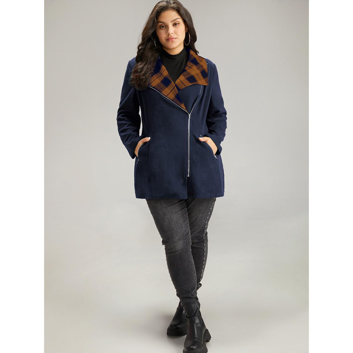 Plus Size Plaid Patchwork Lapel Collar Zipper Coat Women Navy Elegant Contrast Ladies Everyday Winter Coats BloomChic 14-16/1X Product Image
