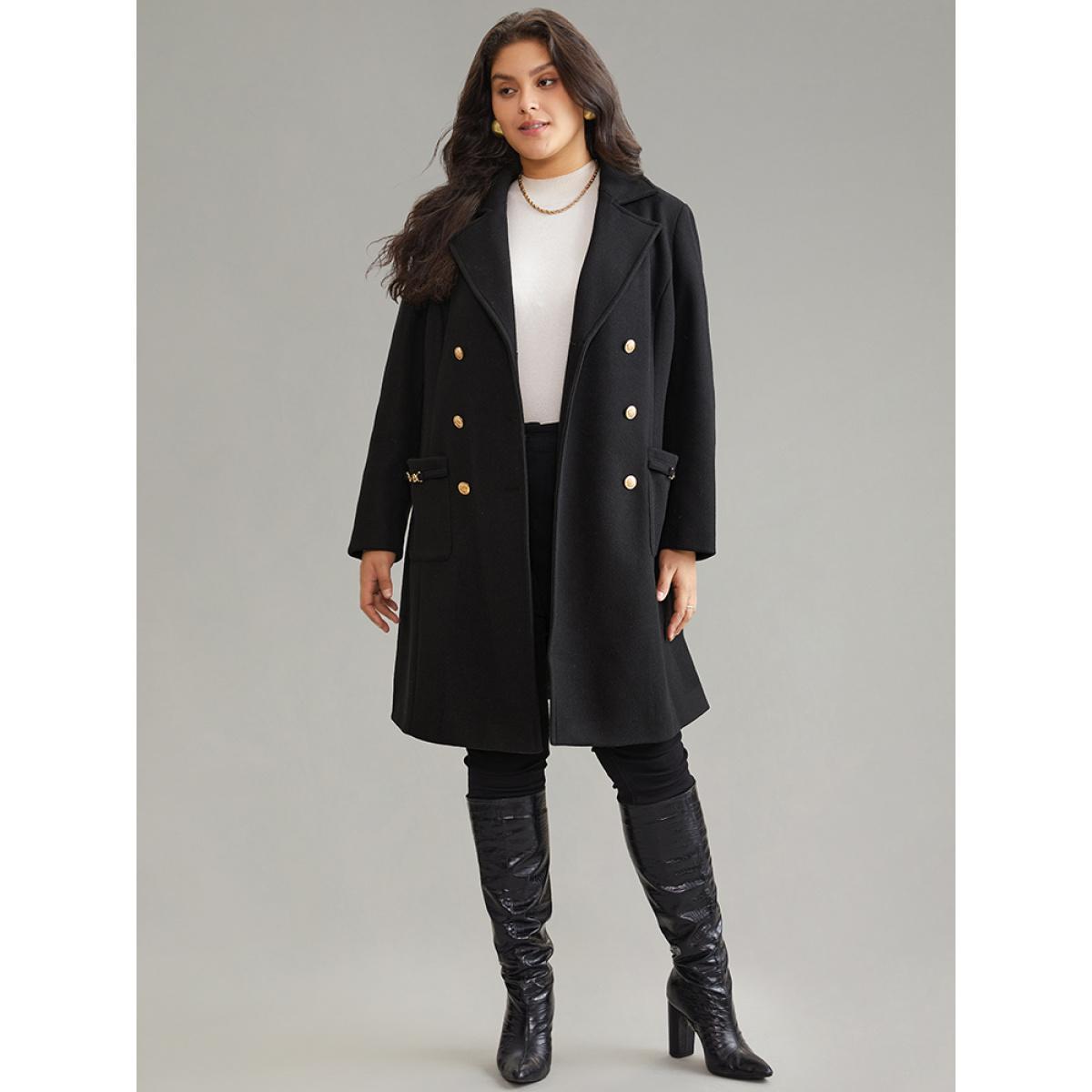 Plus Size Lapel Collar Pocket Chain Buckle Detail Coat Women Black Casual Lined Ladies Dailywear Winter Coats BloomChic 22-24/3X Product Image