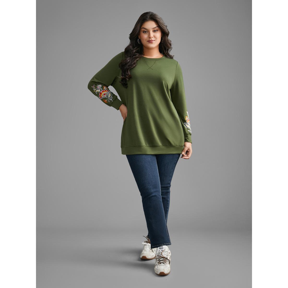 Plus Size Crew Neck Floral Embroidered Sweatshirt Women ArmyGreen Casual Embroidered Loose Round Neck Everyday Sweatshirts BloomChic 22-24/3X Product Image