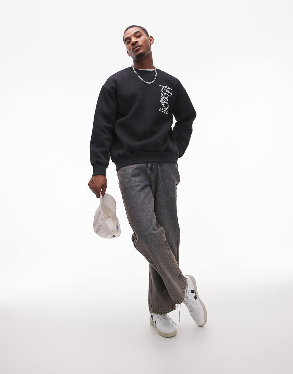 Topman oversized fit sweatshirt with front and back abstract motif textured print in black Product Image