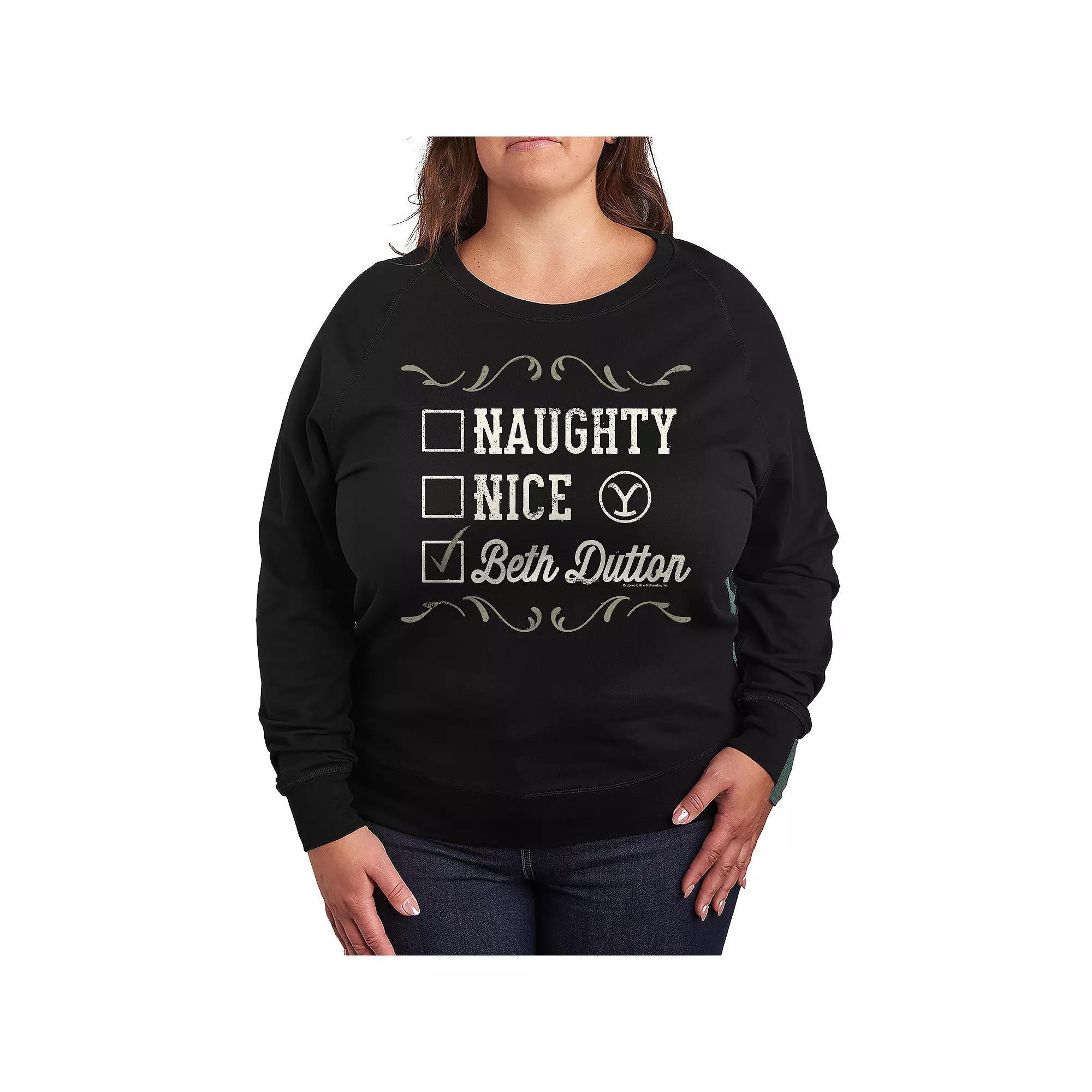 Plus Size Yellowstone Naughty Nice Beth Dutton French Terry Long Sleeve Tee, Womens Product Image