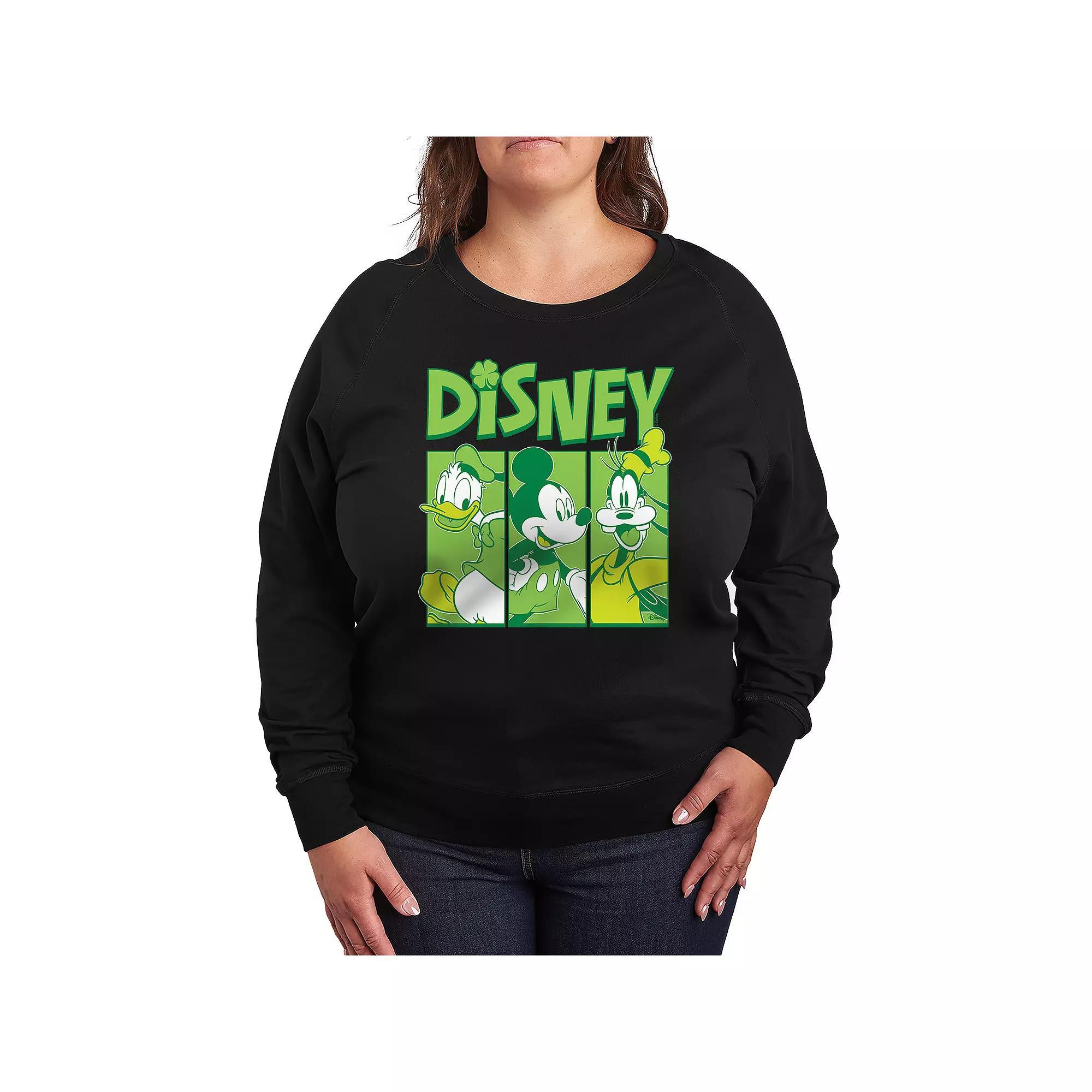 Disneys Mickey Mouse, Goofy & Donald Duck Plus Size Shamrock Grid French Terry Long Sleeve Tee, Womens Product Image
