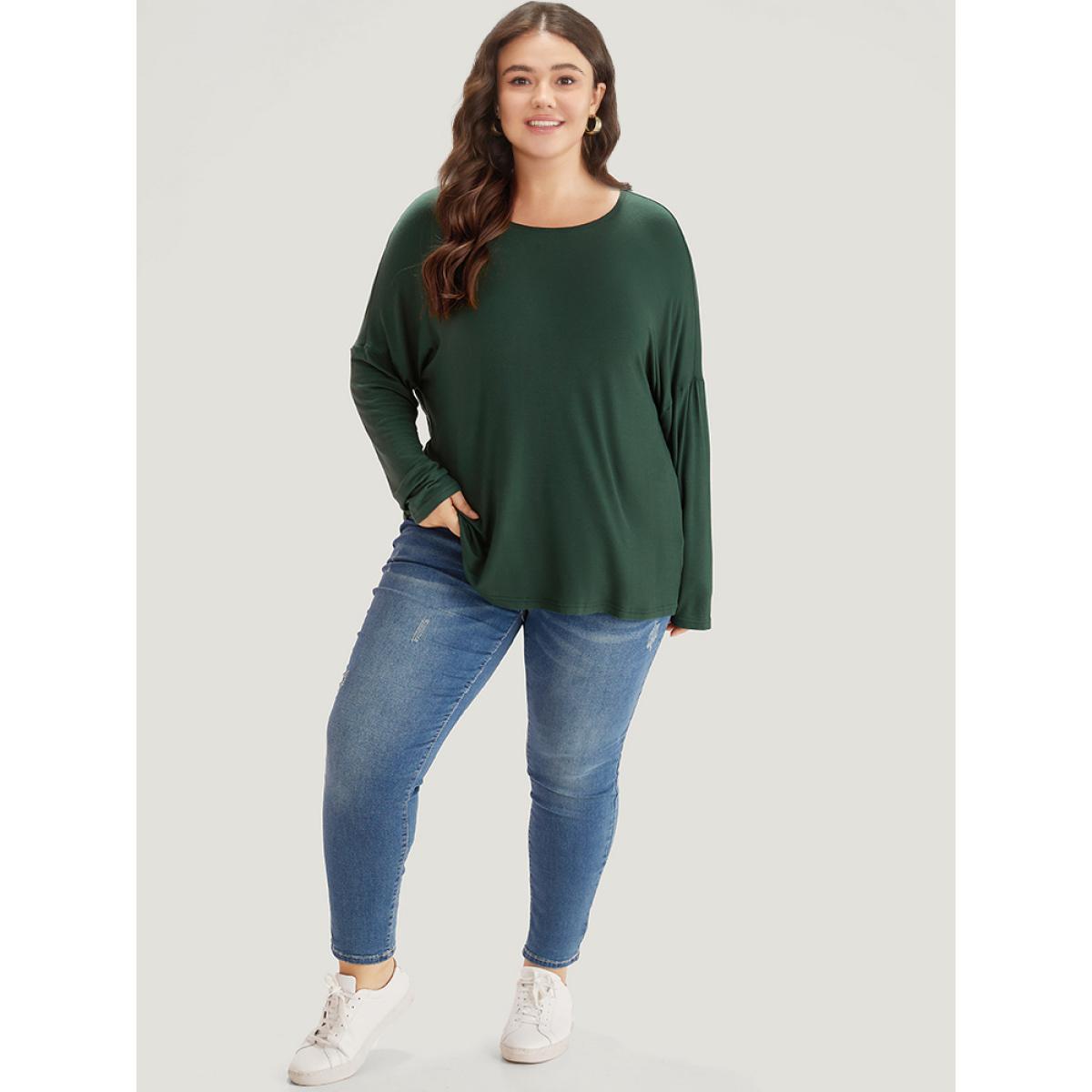 Plus Size Supersoft Essentials Plain Batwing Sleeve Crew Neck T-shirt DarkGreen Women Casual Plain Plain Round Neck Dailywear T-shirts BloomChic 22-24/3X Product Image
