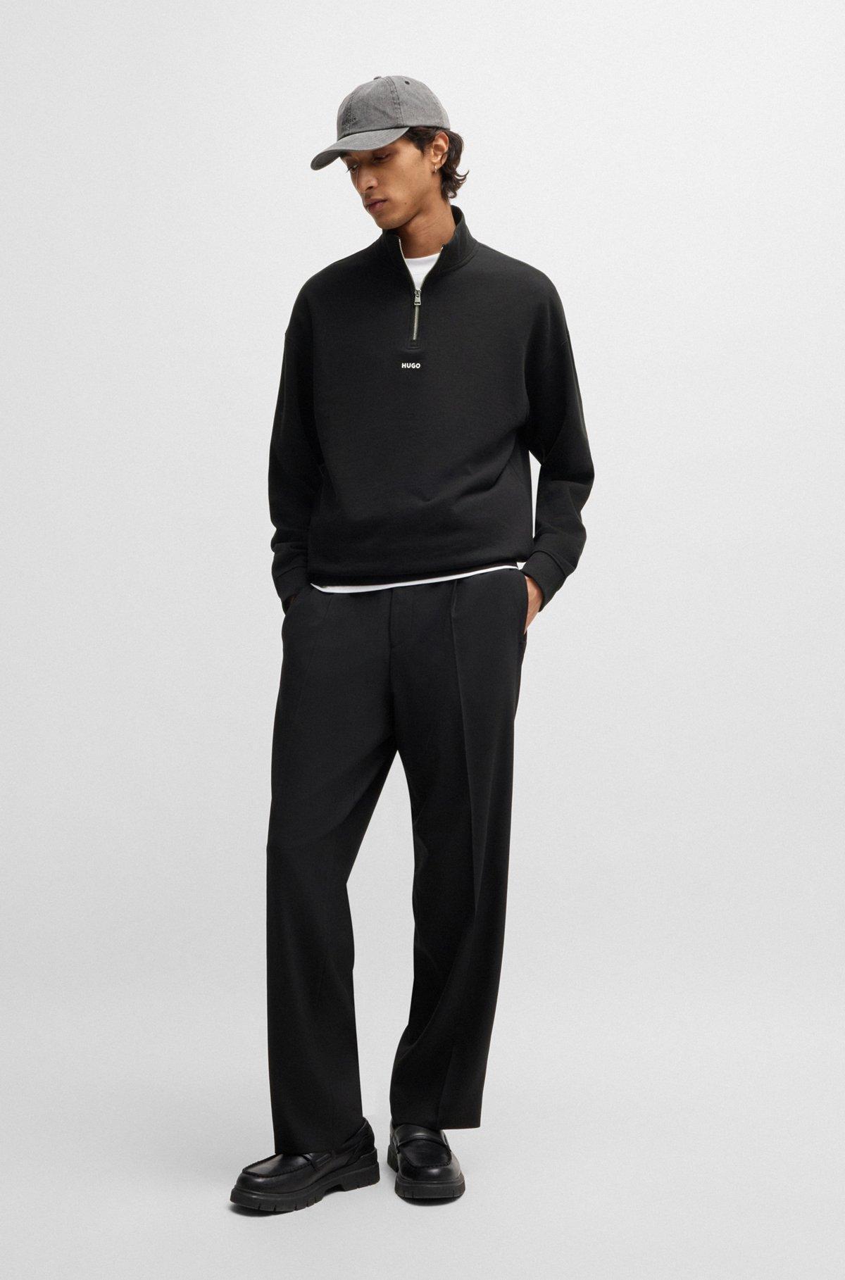 HUGO - Cotton-terry zip-neck sweatshirt with logo print - Black Product Image