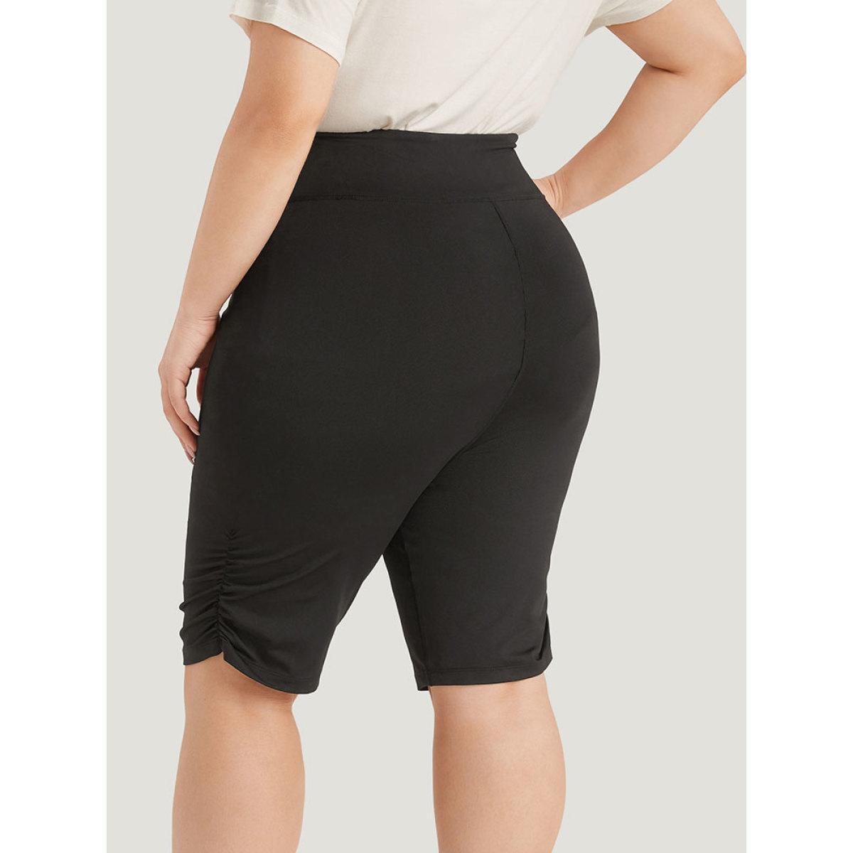 Plus Size Solid Ruched Wideband Waist At The Knees Leggings Women Black Elegant High stretch Skinny High Rise Dailywear Leggings BloomChic 12/L Product Image