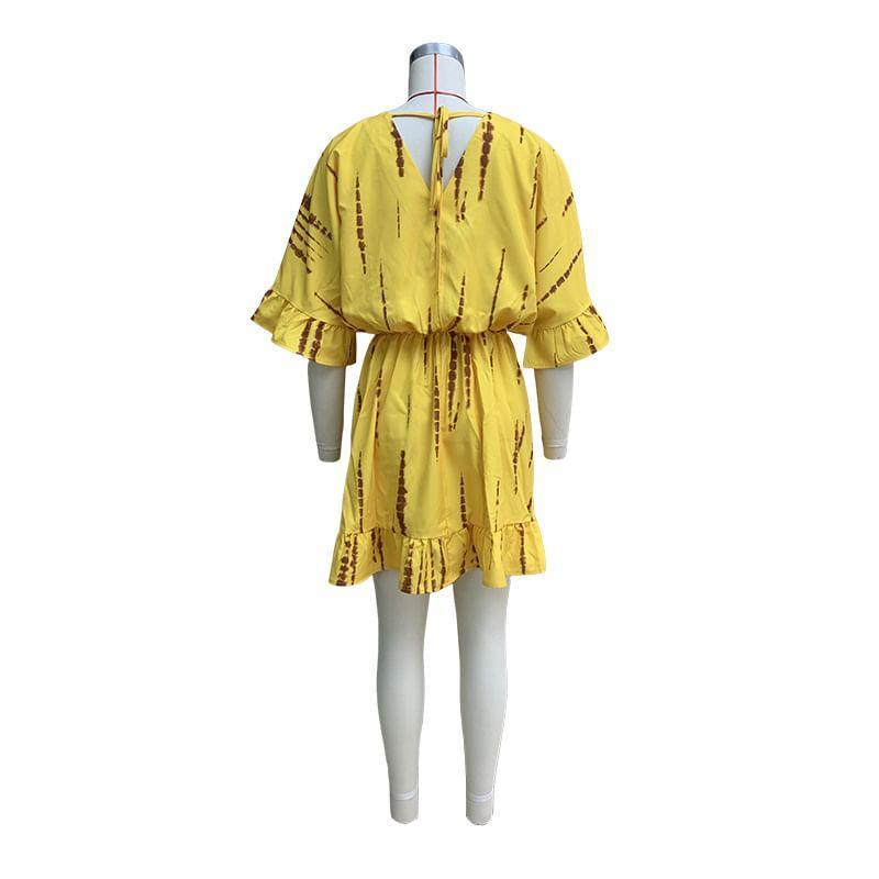3/4-Sleeve V-Neck Print Mini Tunic Dress Product Image