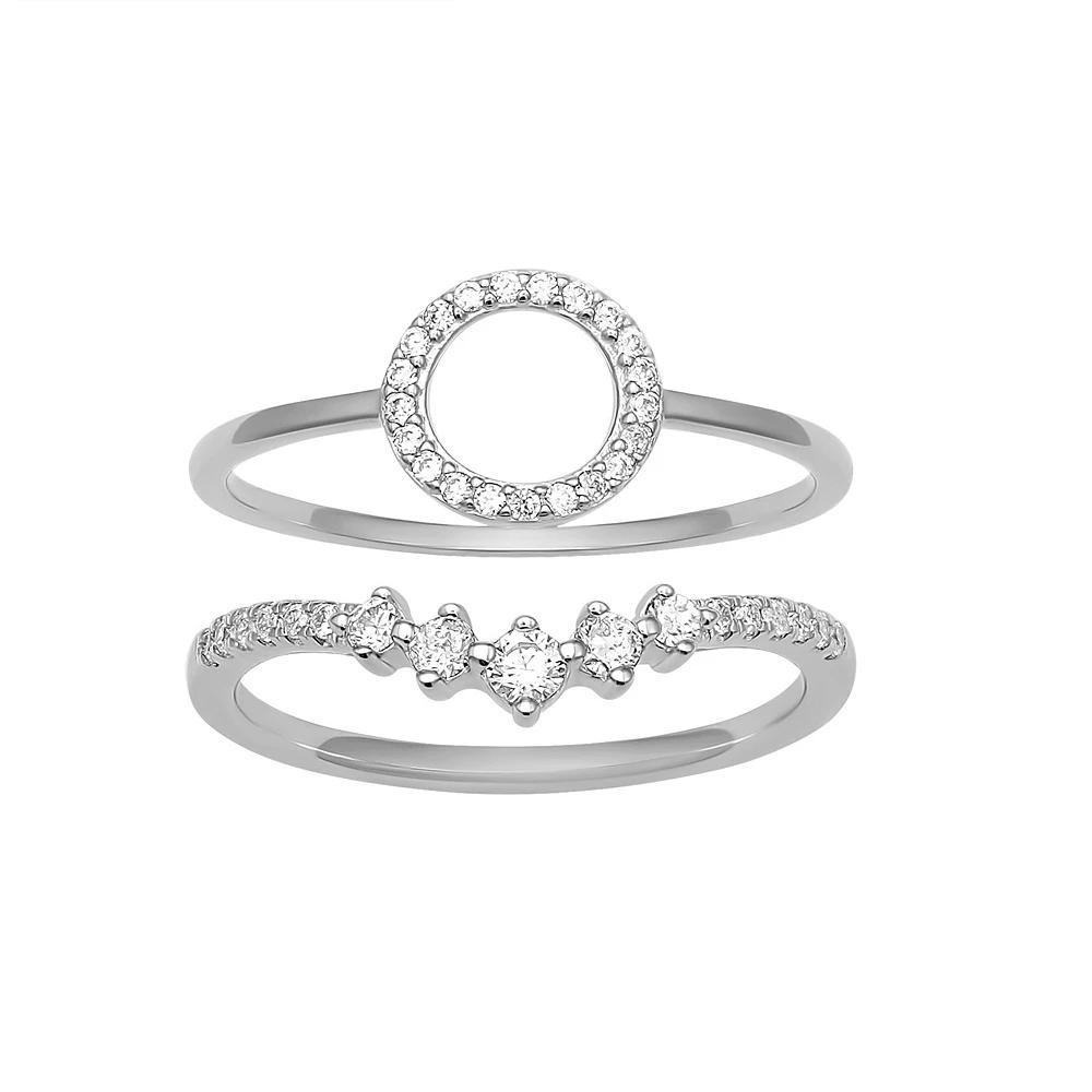 PRIMROSE Sterling Silver Cubic Zirconia Circle & V-Shape Ring Duo Set, Women's, Size: 7 Product Image
