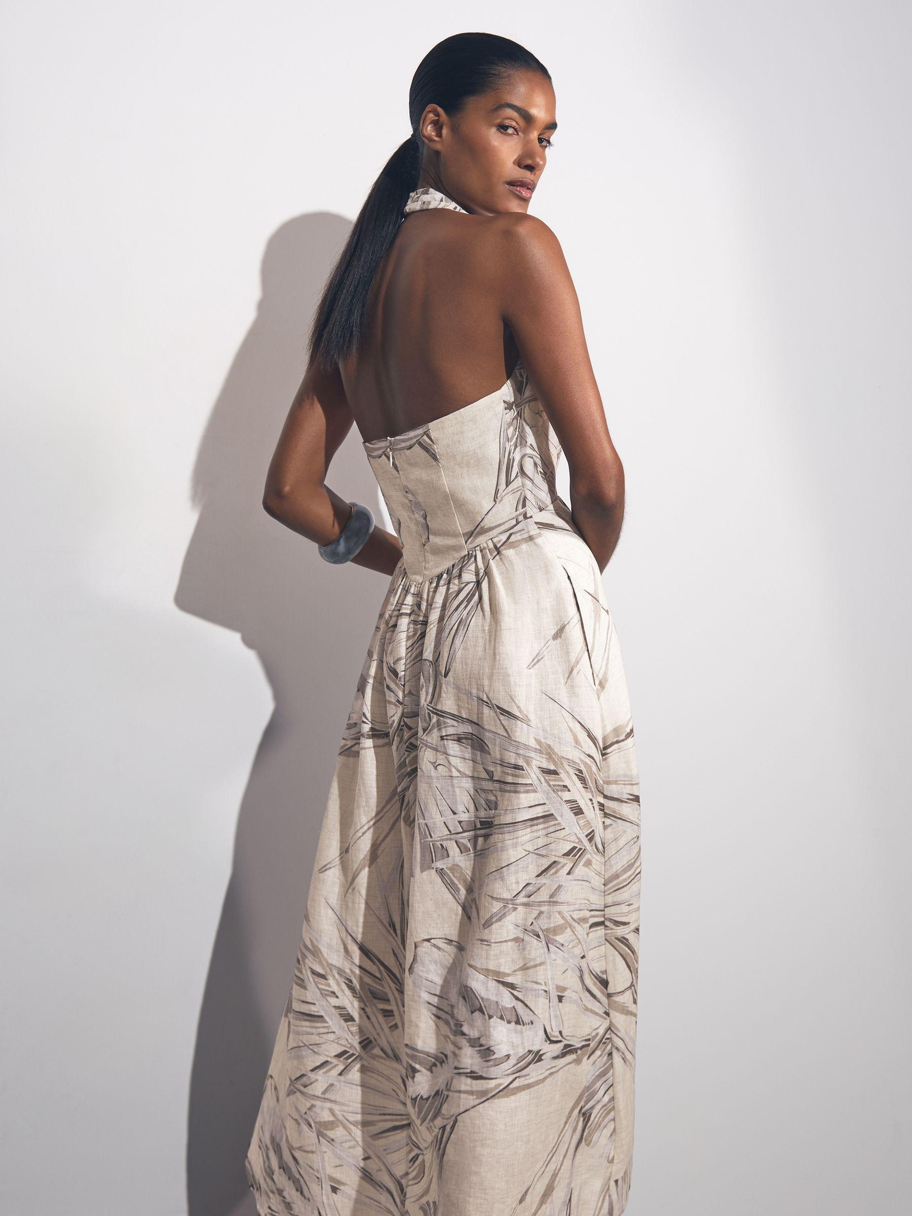 Linen Palm Print Halterneck Midi Dress in Neutral Product Image