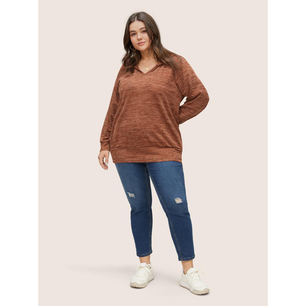 Plus Size Heather Hooded Long Sleeve Sweatshirt Women Maroon Casual Non Hooded Everyday Sweatshirts BloomChic 12/L Product Image