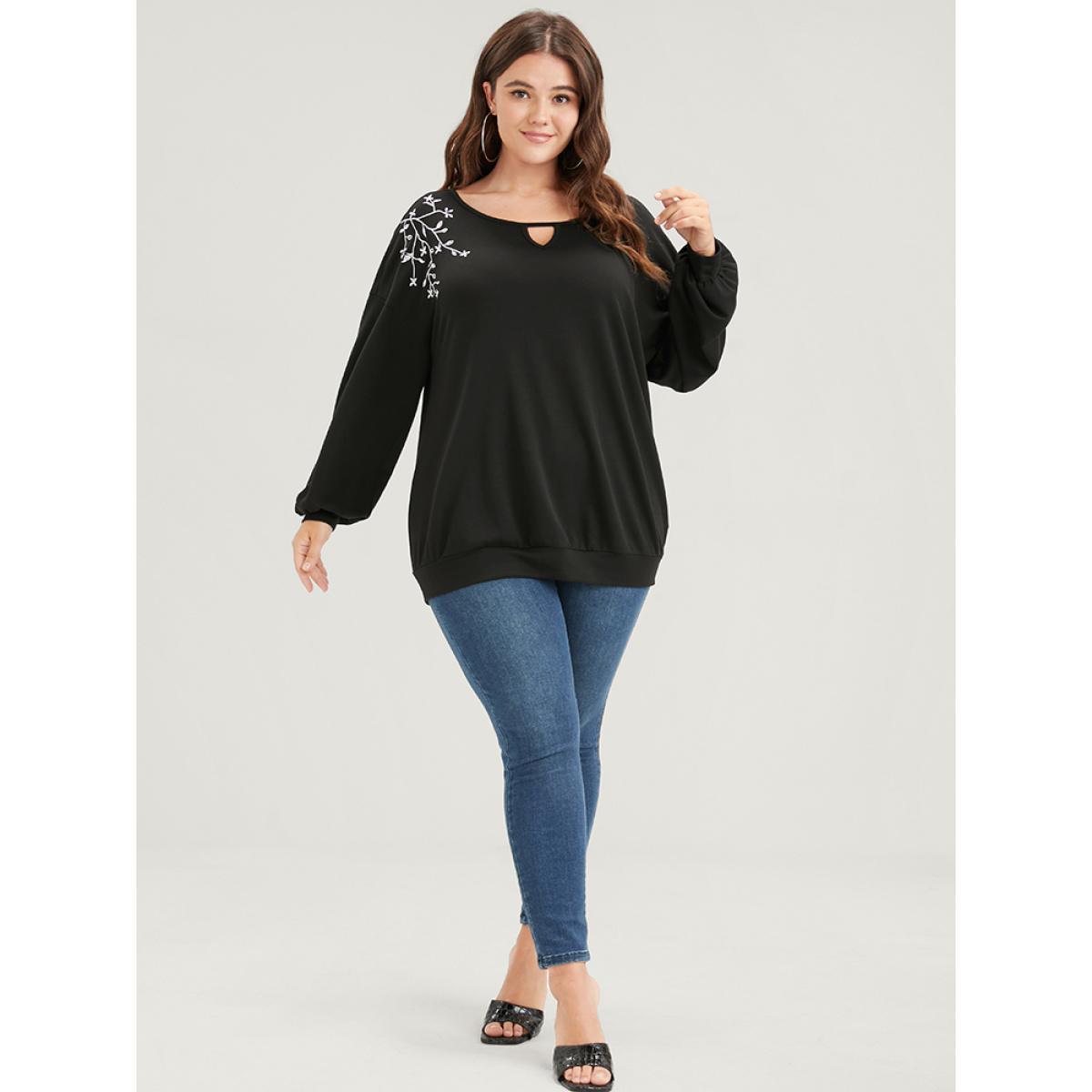Plus Size Solid Plant Embroidered Keyhole Neck Sweatshirt Women Black Casual Embroidered Loose Round Neck Dailywear Sweatshirts BloomChic 10/M Product Image