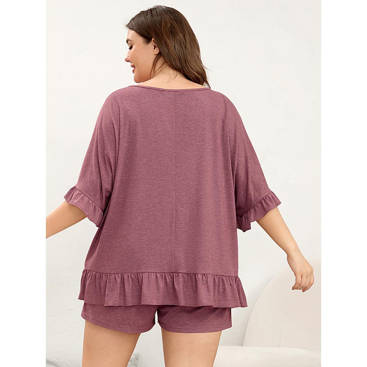 Plus Size Plain Round Neck Ruffle Trim Sleep Top Women Russet Elegant Plain Ruffles Round Neck Loungewear BloomChic 28/5X Product Image