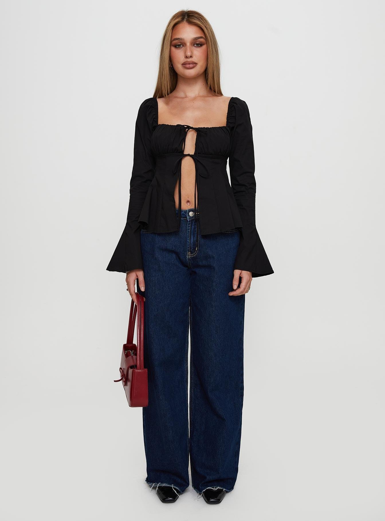 Lilibette Tie Up Long Sleeve Top Black Product Image