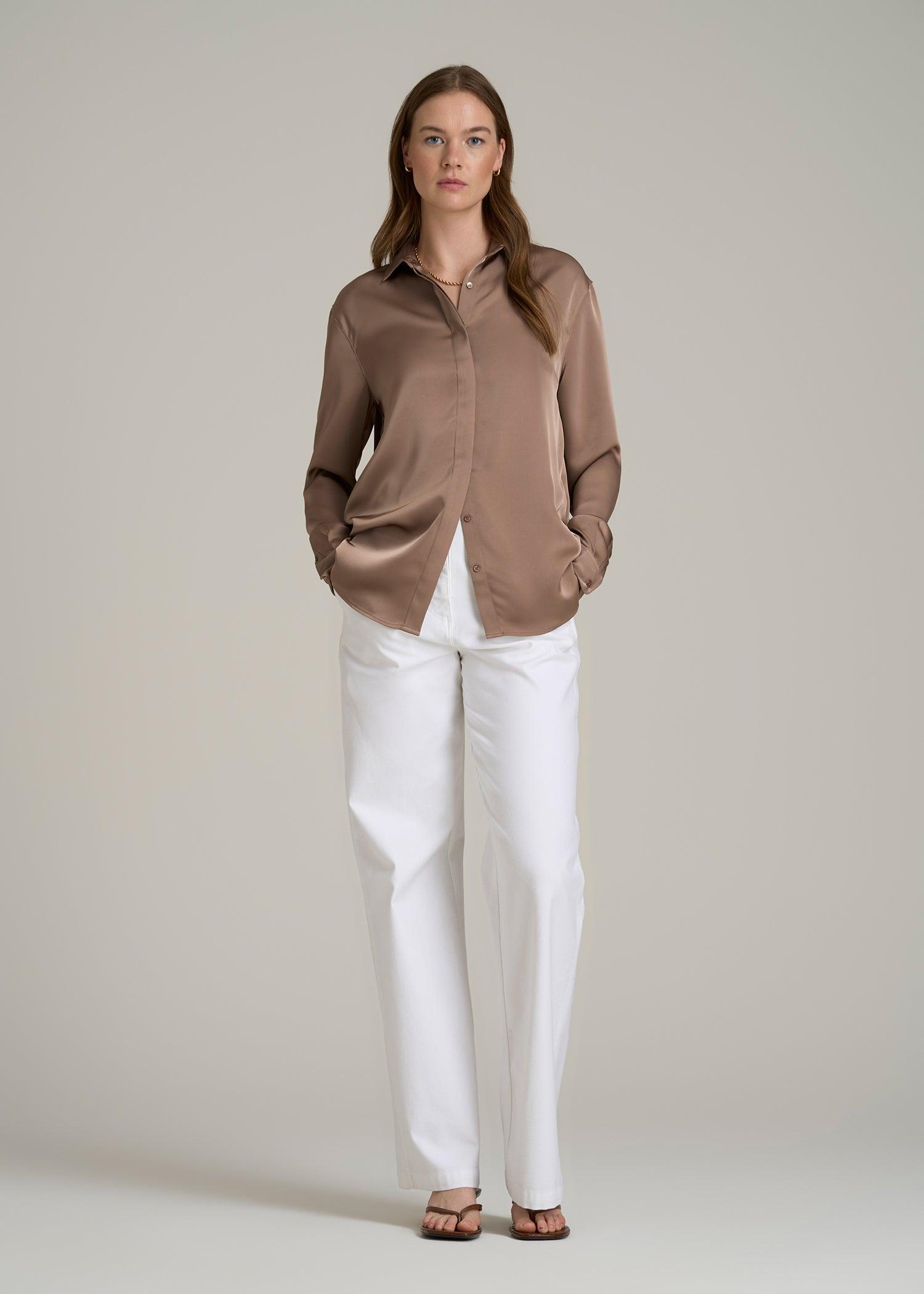 Relaxed Button Up Tall Women's Blouse in Latte Female Product Image