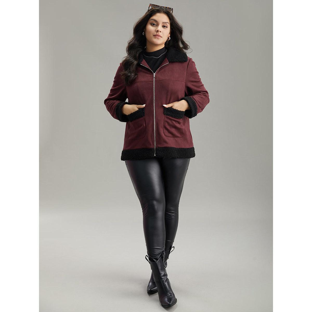 Plus Size Fuzzy Trim Patched Pocket Zipper Jacket Women Burgundy Contrast Pocket Dailywear Jackets BloomChic 22-24/3X Product Image