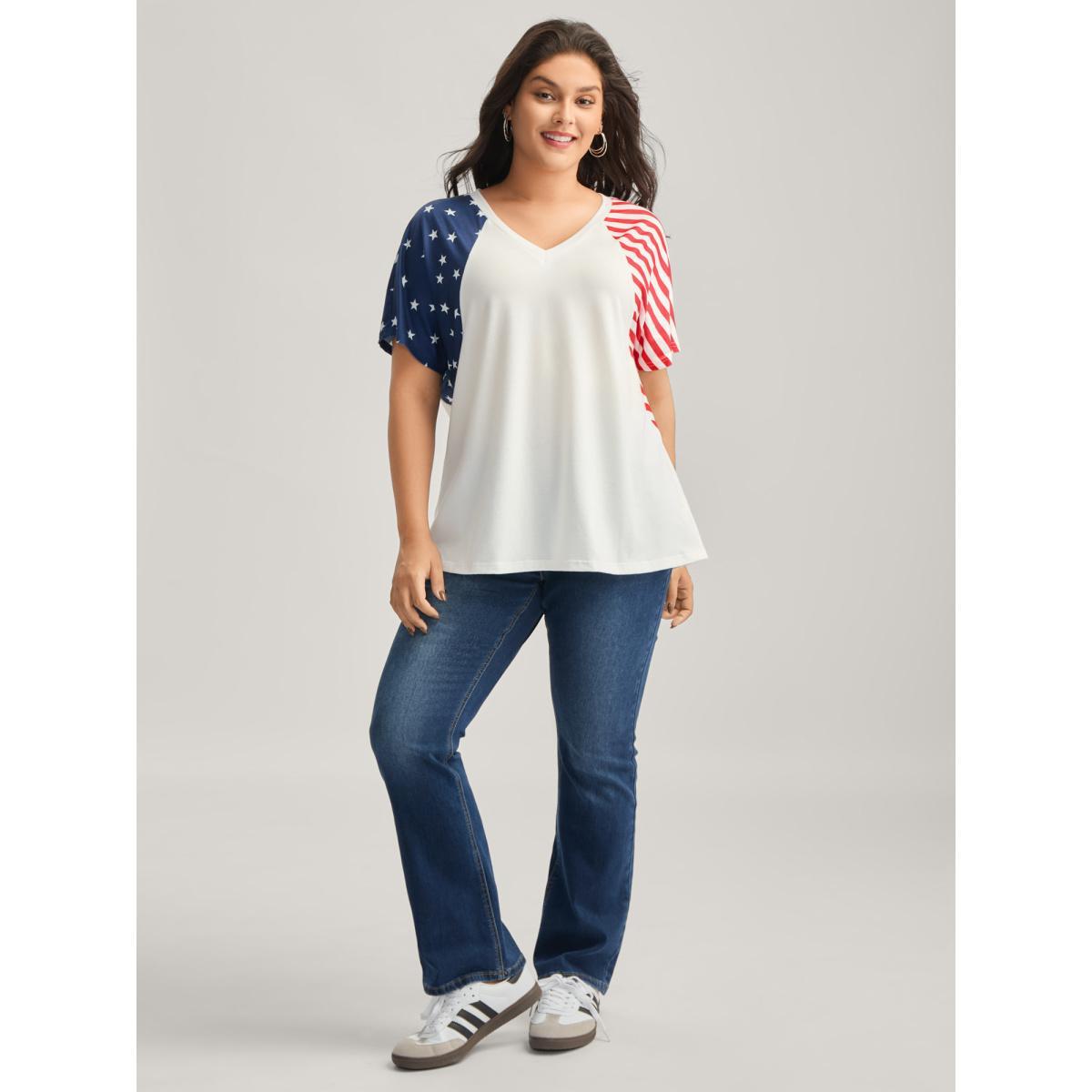 Plus Size American Flag Print V-Neck T-Shirt WhiteSmoke Women Contrast Country V-neck Everyday-Casual T-shirts BloomChic 22-24/3X Product Image